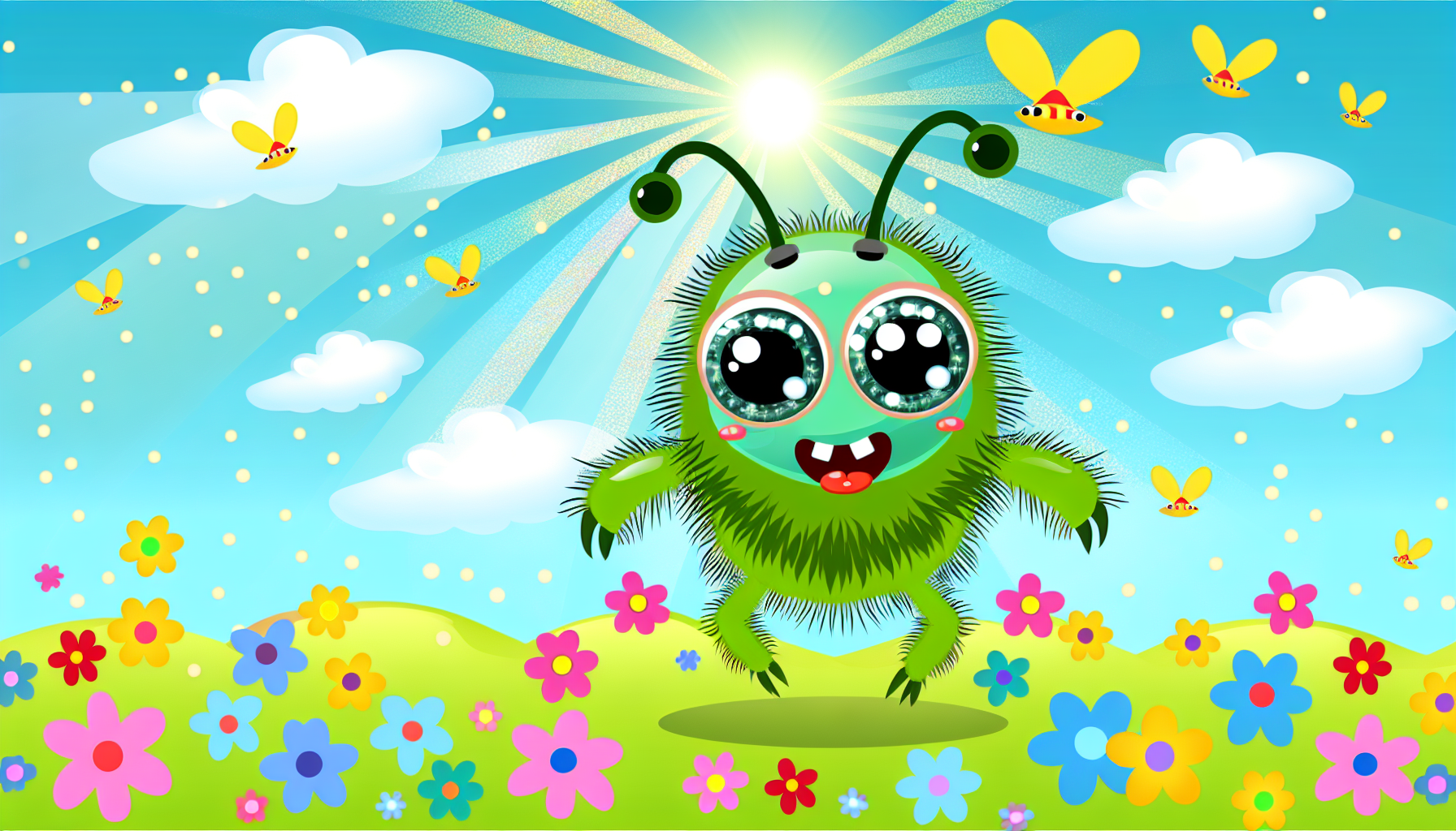 Eine Illustration eines niedlichen kleinen Wesens in grüner Farbe, mit großen runden Augen, zwei Antennen auf dem Kopf, kleinen Flügeln und haarigen Beinen. Es hüpft fröhlich in einer bunten Wiese an einem sonnigen Tag, umgeben von lebhaften Wildblumen und singenden Vögeln. Der Himmel darüber ist kristallklar, mit strahlendem Sonnenlicht, das durch die Flügel des fliegenden Wesens gefiltert wird.