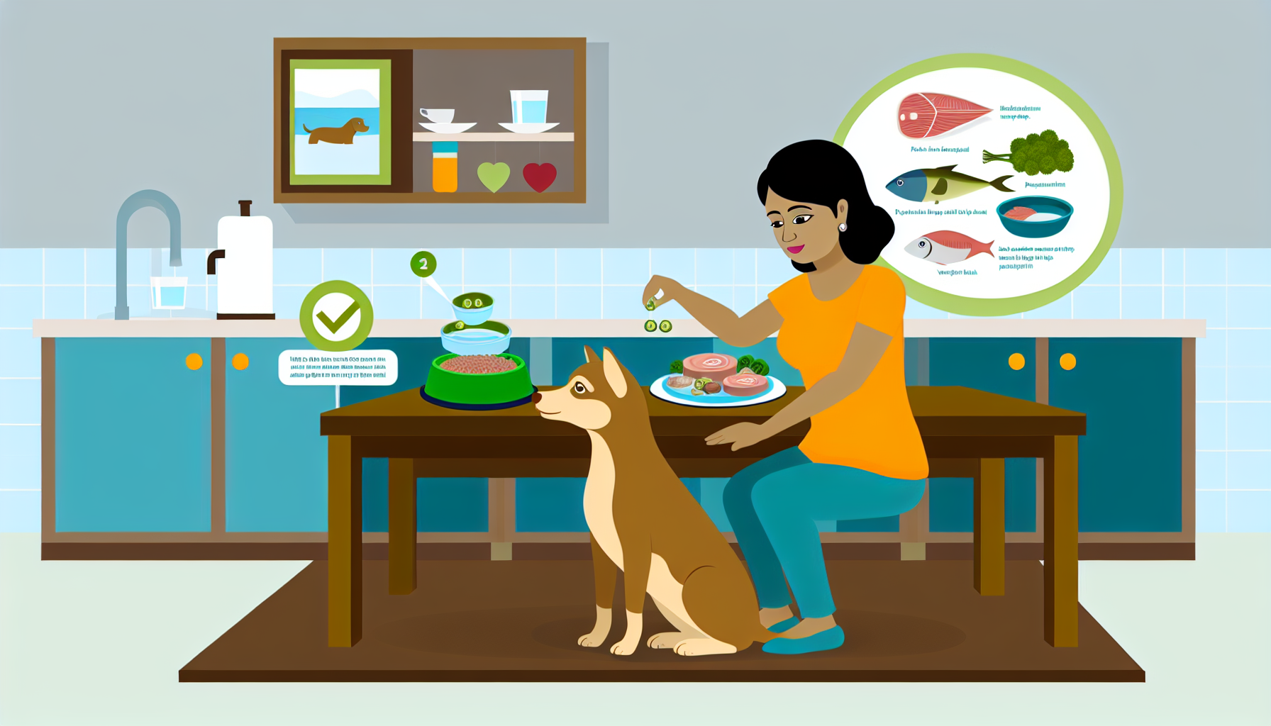 Eine Illustration, die die richtige Art und Weise zeigt, einen Hund zu fÃ¼ttern. Die Szene zeigt eine verantwortungsvolle Betreuerin, eine Frau sÃ¼dasiatischer Abstammung, die einem zufriedenen Hund eine ausgewogene und nahrhafte Mahlzeit anbietet. Die Mahlzeit kÃ¶nnte Bestandteile wie StÃ¼cke von Fleisch, Fisch, GemÃ¼se und eine ordentlich prÃ¤sentierte SchÃ¼ssel Wasser enthalten. Die Umgebung ist eine typische KÃ¼chenszene, in der der Hund geduldig wartet und die Betreuerin liebevoll das Futter anbietet. Bitte fÃ¼gen Sie einige Infografiken oder Mini-Anleitungen an der Seite des Bildes hinzu, um zusÃ¤tzliche Hinweise zum Prozess zu geben.