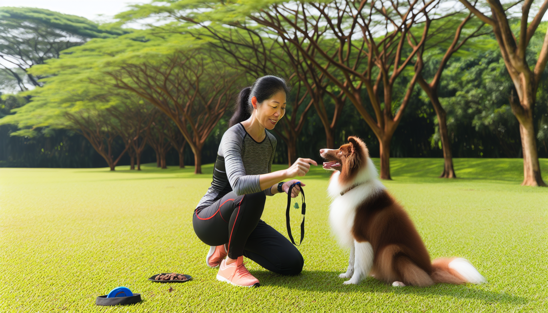Eine visuelle Darstellung des Hundetrainings: Eine ostasiatische Frau instruiert einen braun-weißen, flauschigen Border Collie, sich in einem üppig grünen Park zu setzen, während sie ein Clicker-Werkzeug und Leckerlis verwendet. Die Frau trägt legere Sportkleidung, die eine Aura von Professionalität und Freundlichkeit ausstrahlt. Sie beugt sich leicht zu dem Hund hinunter und hat ein ermutigendes Lächeln im Gesicht. Der Hund schaut aufmerksam zu der Frau, was seine Lernbereitschaft zeigt. Im Hintergrund stehen hohe Bäume, die Schatten auf das Gras werfen und eine nahezu ideale Trainingsumgebung im Freien schaffen.