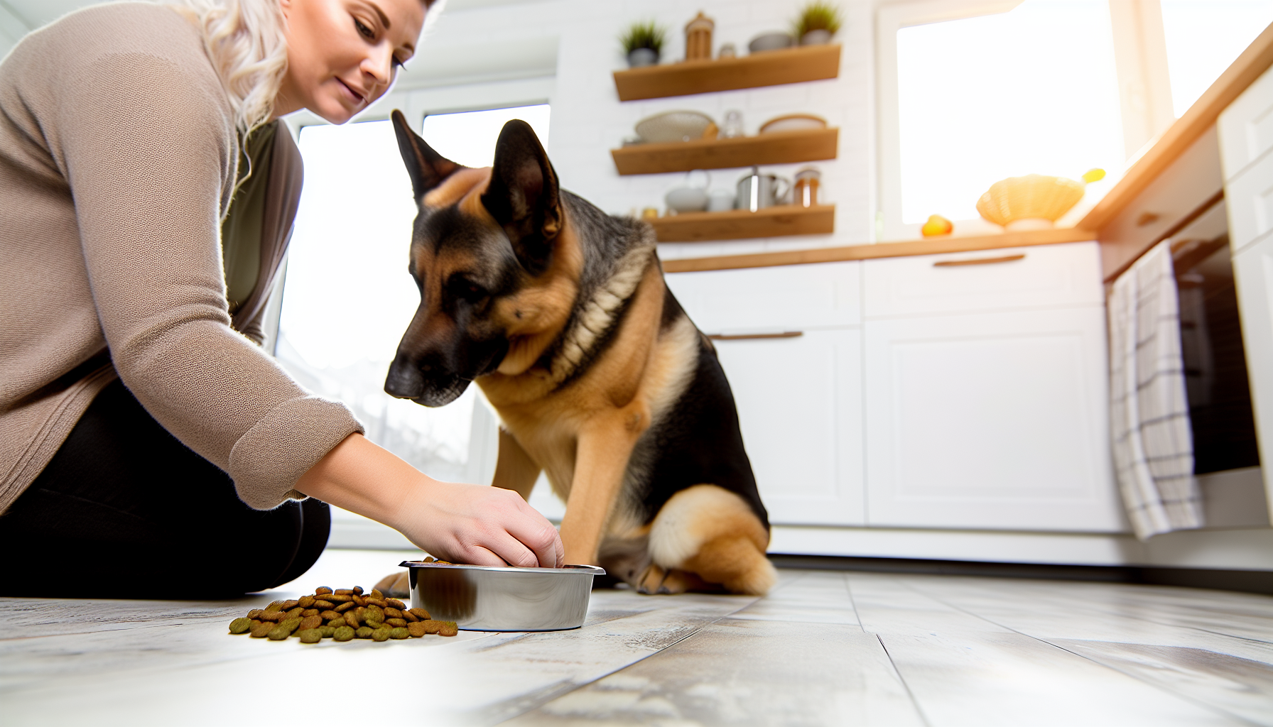 Ein detailliertes Bild, das die richtige Art und Weise zeigt, einen Hund zu füttern. Eine erwachsene kaukasische Frau platziert sorgfältig eine Schüssel mit nahrhaftem Hundefutter auf den Boden. Der sablefarbene Deutsche Schäferhund sitzt gehorsam neben ihr und wartet auf ein Signal, um mit dem Fressen zu beginnen. Die Umgebung deutet auf eine saubere, gut gepflegte Küche hin, in die die Nachmittagssonne durch das Fenster strömt.