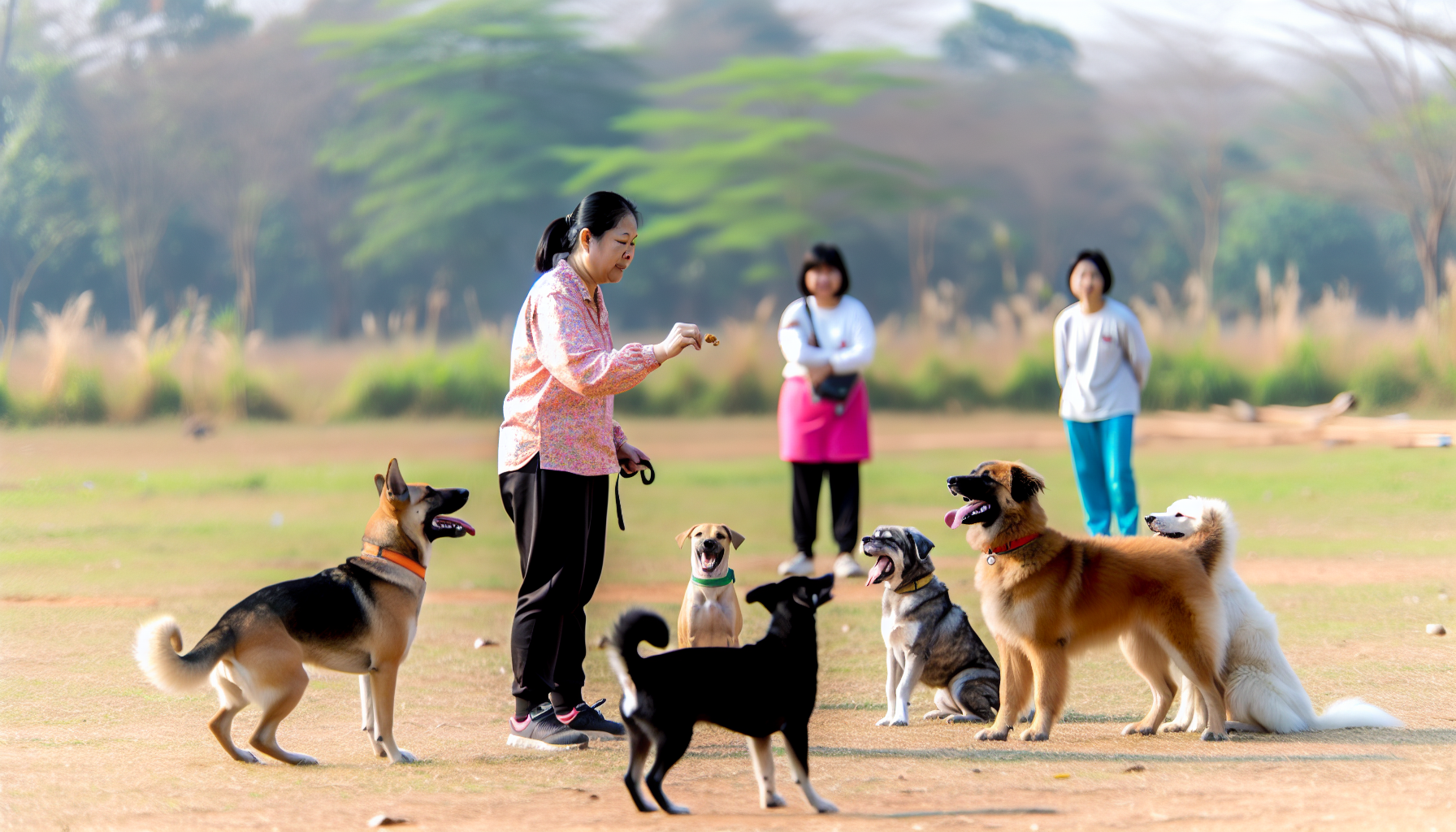 Eine Szene des Hundetrainings ist im Gange. Die Hundetrainerin, eine asiatische Frau, bringt einer Gruppe von Hunden verschiedener Rassen grundlegende Gehorsamskommandos bei. Sie verwendet eine Mischung aus positiven Verstärkungstechniken, einschließlich Leckerlis und Lob. Die Hunde, enthusiastisch und lernwillig, folgen ihren Kommandos eifrig. Das Training findet auf einem offenen, grünen Feld mit einigen Bäumen im Hintergrund statt, und das Wetter ist klar und sonnig.
