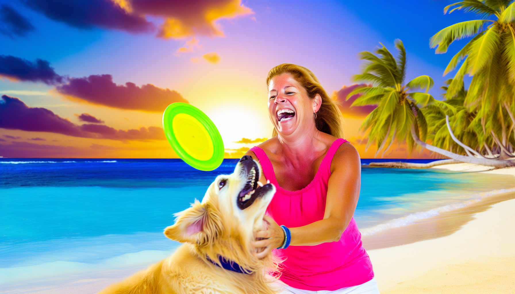 Eine mittelalte kaukasische Frau genie&Atilde;Ÿt ihren Urlaub mit ihrem flauschigen Golden Retriever am tropischen Strand. Sie spielen beide mit einem bunten Frisbee vor der Kulisse von Palmen, azurblauem Wasser und einem farbenfrohen Sonnenuntergang. Das fr&Atilde;&para;hliche Lachen der Frau und die erwartungsvolle Aufregung des Hundes sind in dem Bild deutlich zu sp&Atilde;&frac14;ren.