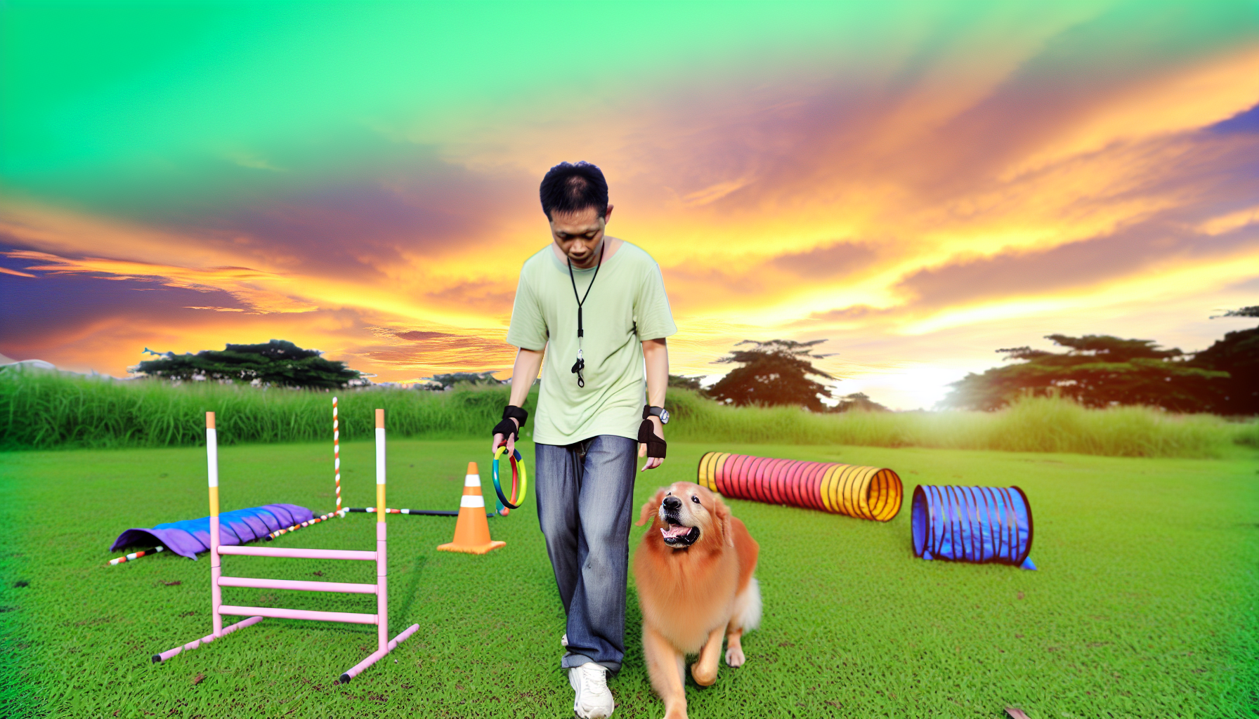 Eine detaillierte Szene einer Hundetrainingseinheit. In dieser Szene genießt ein asiatischer männlicher Hundetrainer mit kurzen dunklen Haaren die Erfahrung, einen großen Golden Retriever durch verschiedene Agility-Übungen zu führen. Das Bild fängt die Natur ein, mit lebhaft grünem Gras unter den Füßen und einem Himmel, der eine Vielzahl von Sonnenuntergangsfarben zeigt. Der Trainer ist in lässiger, bequemer Kleidung gekleidet, die für die Aktivität geeignet ist, und trägt schützende Handschuhe sowie eine Trainingspfeife, die um seinen Hals hängt. Der Golden Retriever ist offensichtlich engagiert, mit aufmerksamen Ohren und fokussierten Augen, die auf den Trainer gerichtet sind. Verschiedene Trainingshilfen wie Tunnel, Reifen, Stangen und andere Geräte sind im Hintergrund verstreut und bereit zur Benutzung.