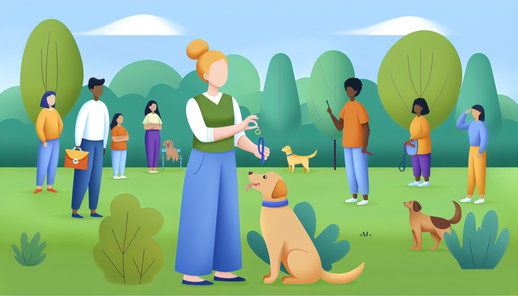 Eine Illustration, die den Prozess des Hundetrainings darstellt. Sie spielt in einer Parkumgebung mit üppigen grünen Bäumen und einem klaren blauen Himmel. Eine kaukasische Hundetrainerin gibt Befehle an einen mittelgroßen Hund, vielleicht einen Labrador oder Golden Retriever, der aufmerksam zuhört und die Anweisungen befolgt. Die Hundetrainerin hält verschiedene Hundetrainingswerkzeuge wie einen Clicker, eine Leckerlitasche und eine Pfeife in der Hand. Eine kleine Menge von verschiedenen Zuschauern, darunter Kinder und Erwachsene unterschiedlicher Ethnien, schaut zu und lernt. Im Hintergrund sind andere Hunde zu sehen, die spielen oder trainiert werden.
