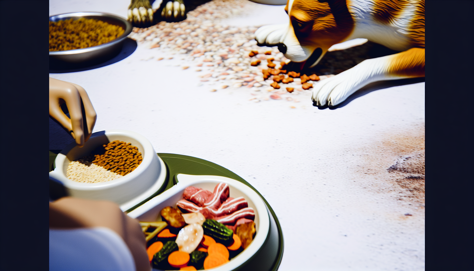 Eine detaillierte Darstellung eines Hundes, der richtig gefüttert wird. Die Visuals konzentrieren sich darauf, eine ausgewogene Mahlzeit zu zeigen, die verschiedene Arten von Nahrungsmitteln wie Fleisch, Gemüse und Getreide in einem Verhältnis enthält, das allgemein als gesund für Hunde gilt. Das Futter wird in einem typischen Hundenapf auf dem Boden serviert, möglicherweise mit einem Hund, der gespannt in der Nähe wartet. Eine Hand, die einen menschlichen Betreuer andeutet, ist entweder dabei, die Mahlzeit vorzubereiten oder den Hund zu streicheln. Die Atmosphäre ist entspannt und hebt eine tägliche Routine hervor, die der Hund und sein Halter teilen.