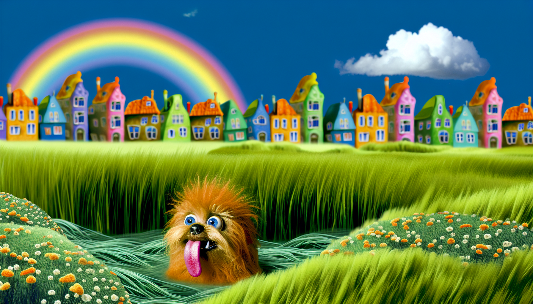 Stell dir eine surreale Szene vor, in der ein niedlicher, cartoonartiger Hund mit flauschigem, orangefarbenem Fell halb in einem Ozean aus leuchtend grÃ¼nem Gras versunken ist. Das Gras scheint wie das Meer zu wogen, mit winzigen weiÃŸen und gelben Blumen, die seine OberflÃ¤che punktieren. Der Ausdruck des Hundes ist voller Freude, wÃ¤hrend er mit dem Schwanz wedelt und seine lange, schleimige, rosa Zunge herausstreckt. Im Hintergrund spannt sich ein zuckersÃ¼ÃŸer Regenbogen Ã¼ber eine Reihe von skurrilen, schiefen HÃ¤usern, die aussehen, als wÃ¤ren sie direkt aus einem MÃ¤rchenbuch gesprungen. Der Himmel ist ein prÃ¤chtiges Azurblau mit flauschigen weiÃŸen Wolken, die darÃ¼ber verstreut sind.