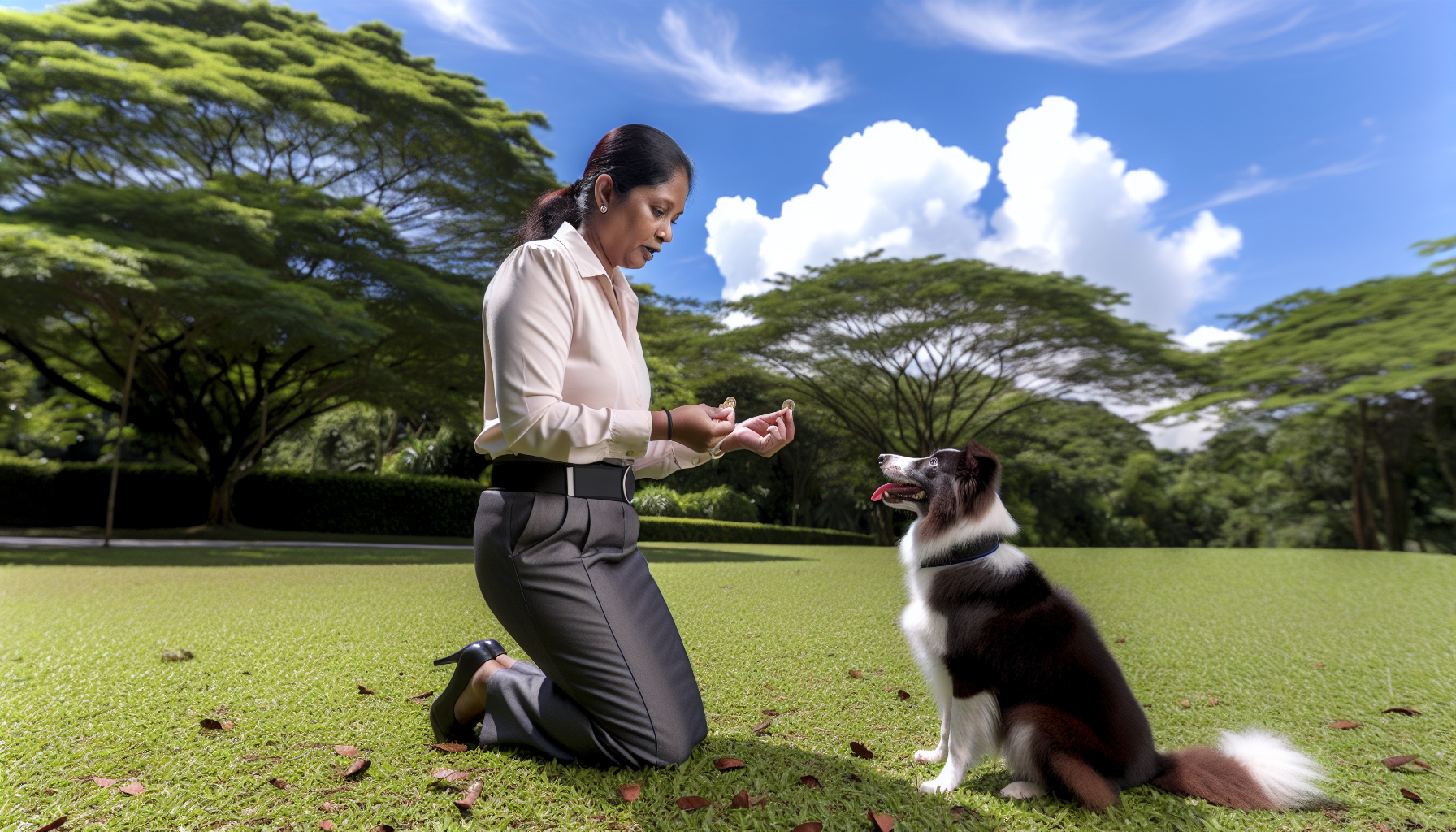 Eine Szene des Hundetrainings. Auf dem Bild gibt eine südasiatische Frau, die professionell gekleidet ist, einem Border Collie den Befehl, sich zu setzen. Das Training findet an einem üppig grünen Parktags statt. Der Hund wirkt aufmerksam, mit aufgerichteten Ohren und fokussierten Augen auf die Trainerin. Die Trainerin hält ein kleines Leckerli in ihrer Hand und benutzt ihre andere Hand, um dem Hund einen Befehl zu geben. Im Hintergrund ist ein klarer blauer Himmel mit weißen, fluffigen Wolken zu sehen, und Bäume umrahmen den Park und betonen die schöne Freiluftkulisse.