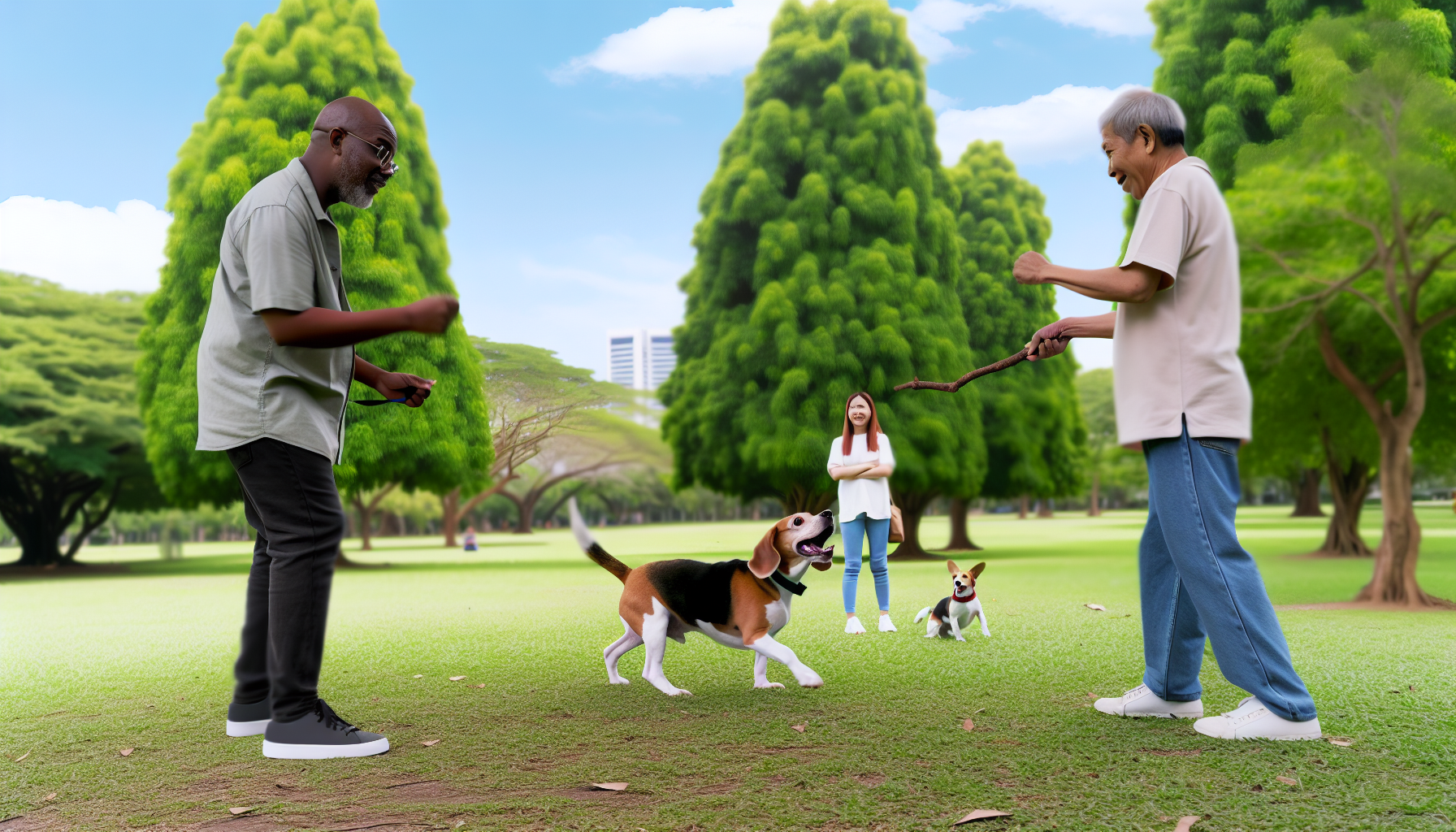 Eine Szene, die das Hundetraining zeigt. Ein mittelalter schwarzer Mann gibt einem kleinen Beagle Kommandos in einem weitläufigen Park, der mit üppigen grünen Bäumen gefüllt ist. Der Mann hält einen Stock in der Hand und wirft ihn weg, während der Hund fröhlich hinterherläuft, sein Schwanz vor Aufregung wedelnd. Einige Zuschauer, darunter eine junge hispanische Frau und ein älterer südasiatischer Mann, beobachten die Interaktion mit lächelnden Gesichtern. Der Himmel darüber ist klar und blau, was zur Friedlichkeit der Szene beiträgt.