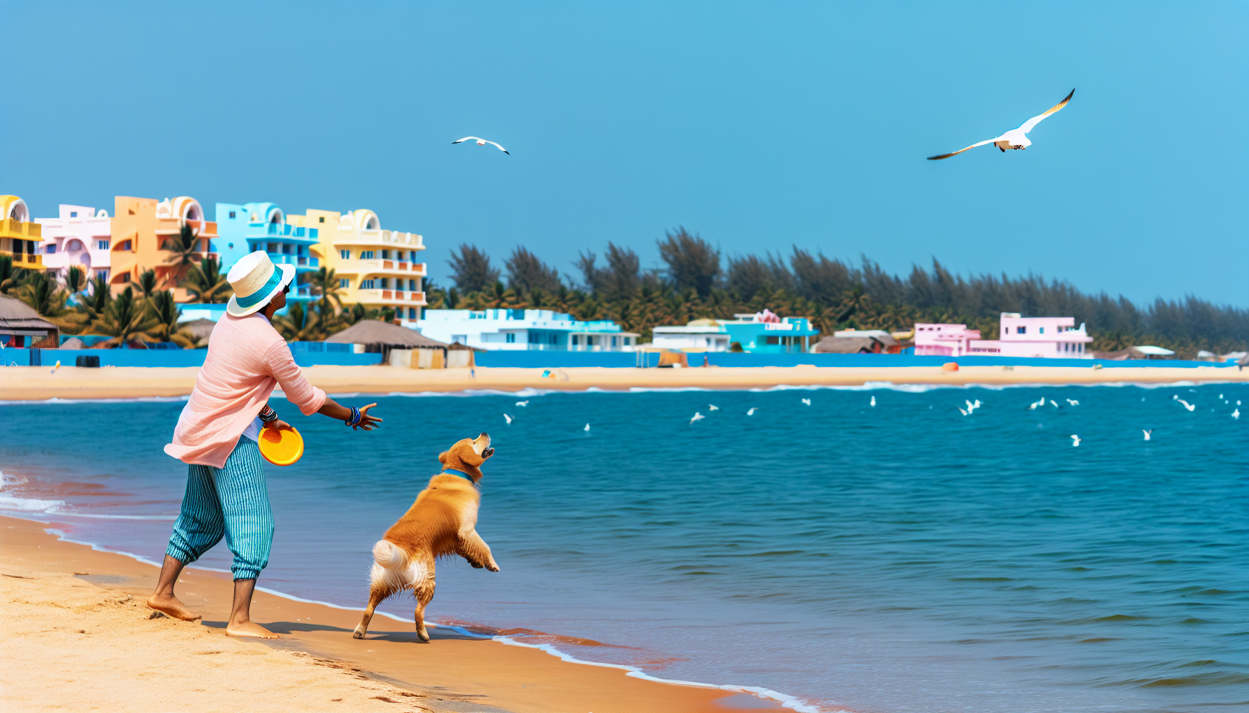 Eine Person südasiatischer Abstammung und ihr Golden Retriever sind im Urlaub. Sie genießen einen sonnigen Tag am Strand in der Nähe des lebhaft blauen Meeres. Die Person, gekleidet in bequeme Sommerkleidung, wirft einen Frisbee in Richtung des Hundes, der in die Luft springt, um ihn zu fangen. Weit hinter ihnen sind weiße Möwen zu sehen, die fliegen, Palmen, die im Wind wiegen, und pastellfarbene Strandhäuser in der Ferne.