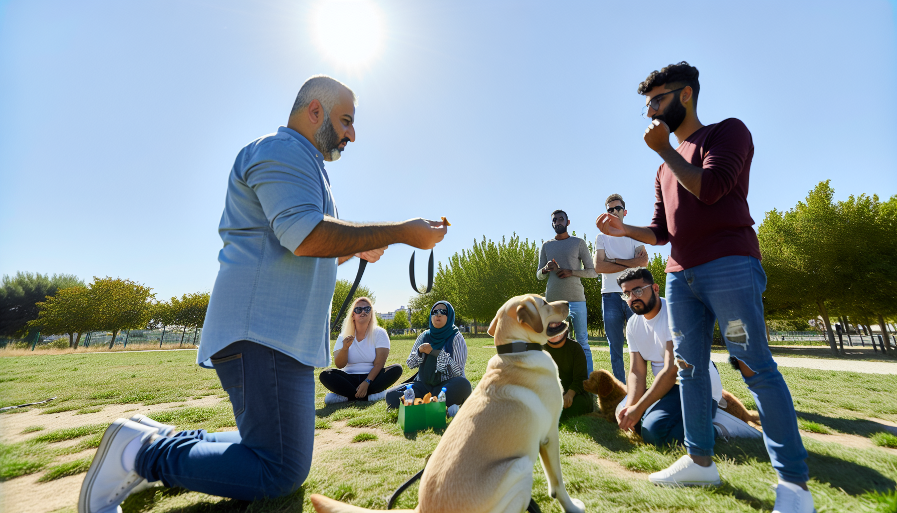 Ein kaukasischer männlicher Hundetrainer ist im Freien in einem grasbewachsenen Park. Er hält eine Belohnung in einer Hand und eine Leine in der anderen. Der Hund, ein Labrador Retriever, sitzt geduldig vor ihm und schaut aufmerksam auf die Hand des Trainers mit der Belohnung. In der Nähe steht eine kleine Gruppe von verschiedenen Hundebesitzern, die die Sitzung beobachten und lernen. Darunter sind eine mittelöstliche Frau mit einem Dalmatiner, ein südasiatischer Mann mit einem Pudel und eine schwarze Frau mit einem Deutschen Schäferhund. Der Himmel ist klar und blau, und die strahlende Sonne verbreitet eine warme Atmosphäre.