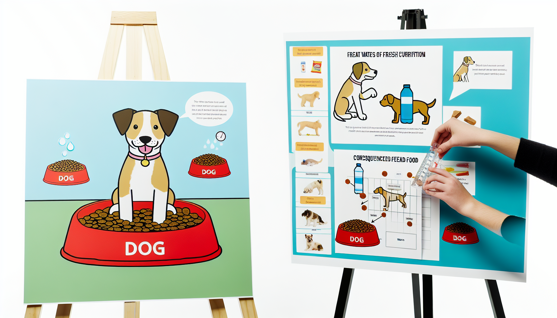 Erstellen Sie einen visuellen Leitfaden, wie man einen Hund richtig füttert. Illustrieren Sie einen glücklichen, gesunden Hund, der geduldig neben einer Schüssel mit nahrhaftem Hundefutter sitzt. Gleichzeitig ist ein verantwortungsbewusster Tierbesitzer zu sehen, der die richtige Menge Futter abmisst. Fügen Sie visuelle Elemente hinzu, die zeigen, dass frisches Wasser immer verfügbar sein sollte, und dass Leckerlis sparsam verwendet werden sollten. Fügen Sie im Hintergrund ein lehrreiches Diagramm hinzu, das die richtigen Proportionen verschiedener Futtersorten und die Folgen von Überfütterung anzeigt. Gestalten Sie dieses Bild in einem verspielten und lehrreichen Stil.