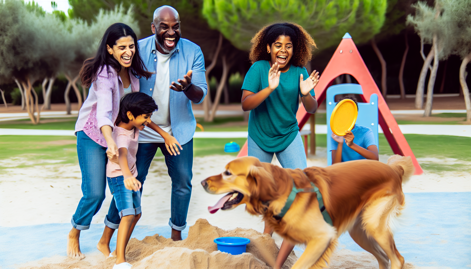 Eine Familie im Urlaub mit ihrem Hund. Die Szene spielt sich in einer lebhaften Außenumgebung ab, möglicherweise in einem Park oder am Strand. Der Hund, ein Golden Retriever, jagt begeistert einem Frisbee hinterher, der von einem der Familienmitglieder geworfen wurde. Die Eltern, eine schwarze Frau und ein mittelöstlicher Mann, lachen und klatschen, offensichtlich genießen sie die Zeit. Ihre beiden Kinder, ein südasiatisches Mädchen und ein kaukasischer Junge, bauen in der Nähe gemeinsam eine Sandburg. Sie alle sehen entspannt und glücklich aus, das Inbegriff eines perfekten Familienausflugs.