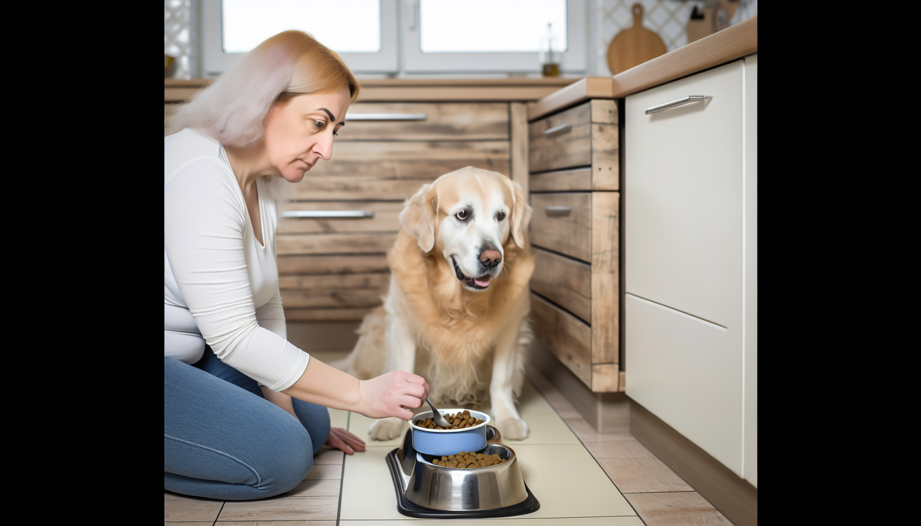 Ein Bild, das die richtige Art und Weise zeigt, einen Hund zu füttern. Das Bild sollte einen mittelgroßen Hund, möglicherweise einen Golden Retriever, zeigen, der geduldig auf dem Küchenboden sitzt und mit erwartungsvollen Augen zu seinem Besitzer schaut, der das Futter zubereitet. Der Besitzer, eine kaukasische Frau in ihren mittleren 30ern, beugt sich über eine Arbeitsplatte und misst sorgfältig Portionen von sowohl Trocken- als auch Nassfutter in eine keramische Hundeschüssel ab. Sie hat einen konzentrierten Ausdruck im Gesicht, der zeigt, dass sie die Fütterung ihres Haustiers ernst nimmt und sicherstellen möchte, dass es richtig gemacht wird.