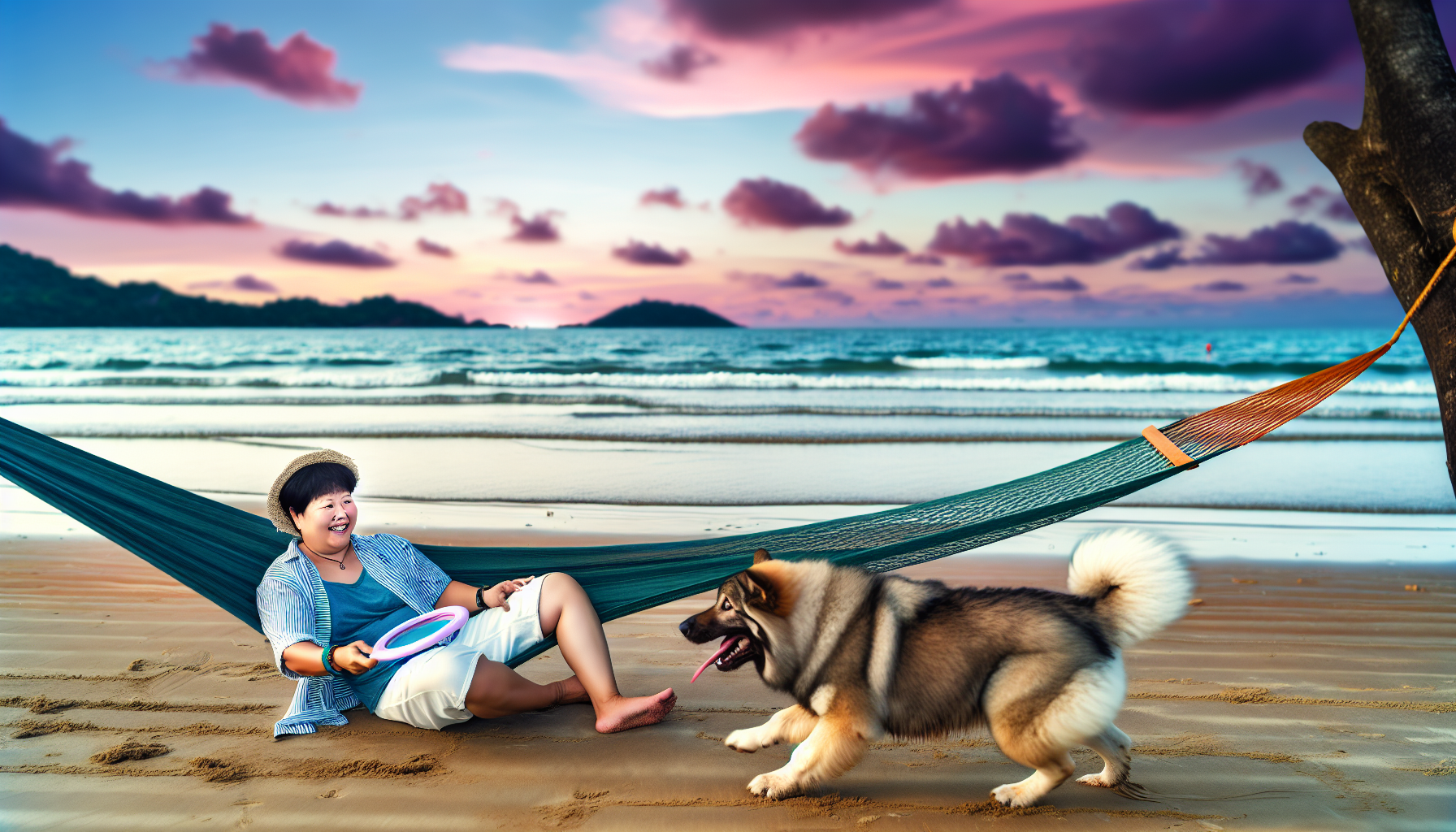 Genießen Sie einen Urlaub mit dem Hund. Eine ruhige Szene, die eine Person und ihren treuen vierbeinigen Begleiter zeigt. Die Person hat asiatische Wurzeln, trägt kurze Haare und ein lässiges Sommeroutfit, vielleicht entspannt sie sich in einer Hängematte. Der Hund, robust und flauschig, jagt einem Frisbee am weichen Sandstrand im Hintergrund nach. Ein wunderschöner Küstensonnenuntergang malt den Himmel in sanften Rosa- und Orangetönen, während die nahen Wellen des Ozeans sanft die Küste umspielen. Ein malerischer Moment der Entspannung und Kameradschaft.