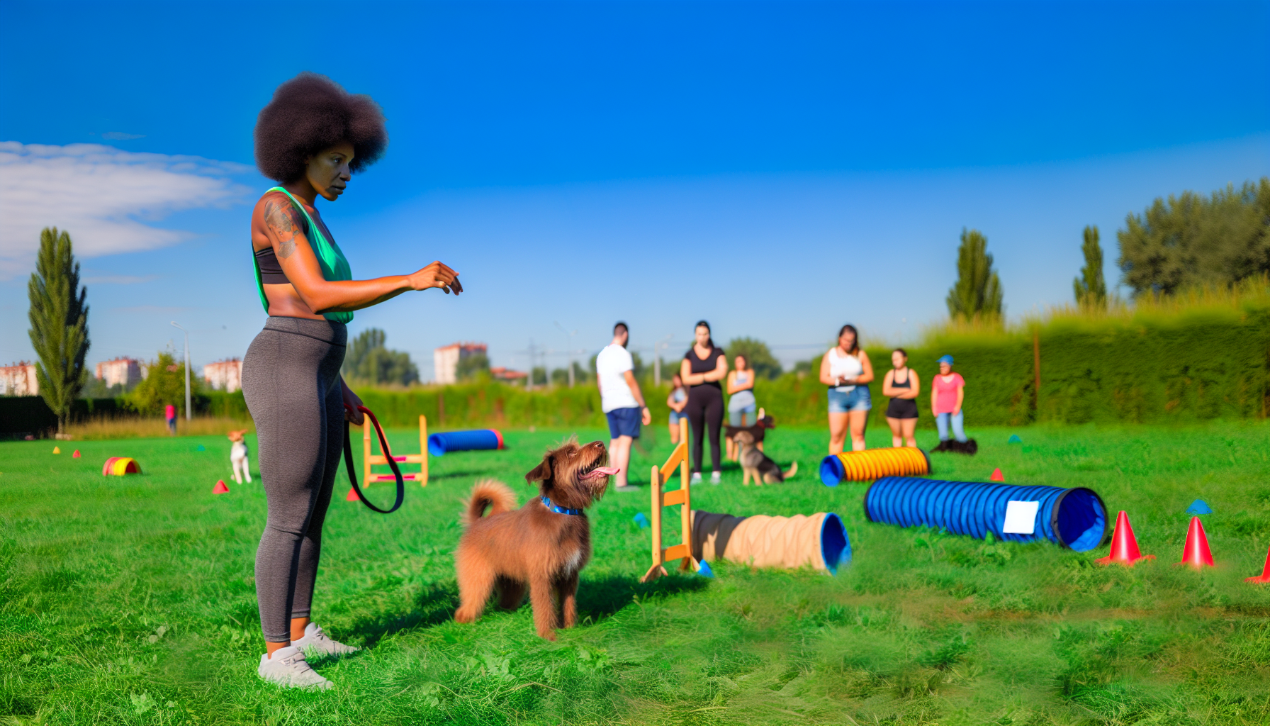 Ein Bild, das eine Hundetrainingsszene zeigt. Eine afroamerikanische Hundetrainerin in einem lebhaften, grÃ¼nen Park mit einem klaren, azurblauen Himmel darÃ¼ber. Die Trainerin, die legere Sportkleidung trÃ¤gt, bringt einem mittelgroÃŸen, pelzigen, braunen Hund bei, der eifrig den Anweisungen folgt. Rund um sie sind verschiedene TrainingsgerÃ¤te verteilt, wie Agility-Tunnel, Sprunghindernisse und Pylonen. Kleine Gruppen von Menschen unterschiedlicher Herkunft und Geschlechter beobachten die Trainingseinheit und interagieren mit ihren eigenen Hunden im Hintergrund, was eine lebendige und ansprechende AtmosphÃ¤re schafft.