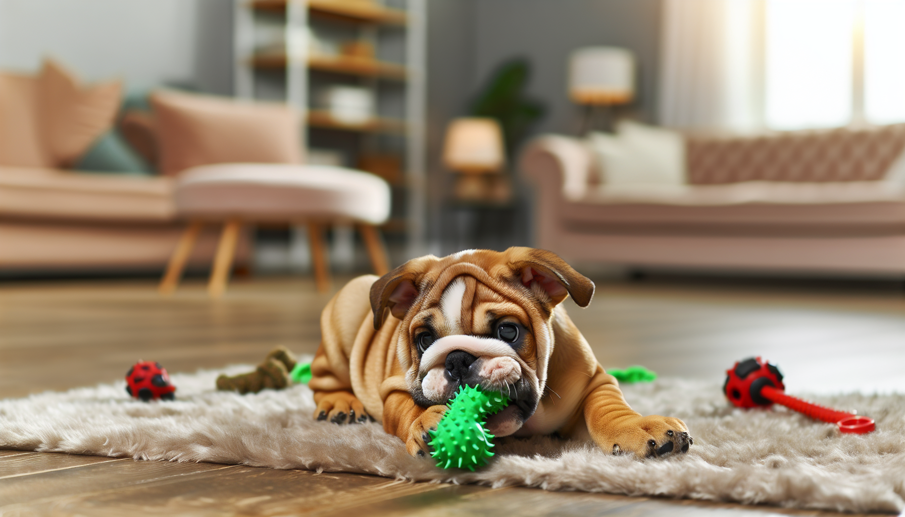 Eine verspielte Szene mit einem Bulldoggenwelpen, der faltiges, hellbraunes Fell und bezaubernde, große Augen hat. Er ist damit beschäftigt, auf einem grünen Kauspielzeug zu kauen. Der Hintergrund zeigt einen gemütlichen Raum mit sanfter Beleuchtung, einem Holzboden, einem plüschigen beigen Teppich und bequemen Möbeln. Einige Haustierspielzeuge sind über den Boden verteilt, was auf regelmäßige Spielstunden hinweist.