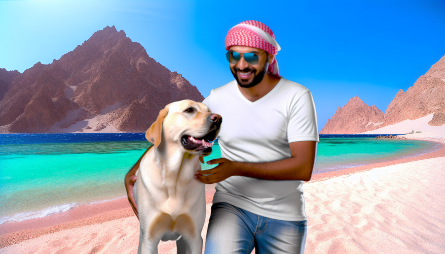 Eine Person im Urlaub mit ihrem Hund. Die Szene könnte ein sonniger Strand sein, wo sie zusammen Apportieren spielen, oder vielleicht eine Wanderung durch ein bergiges Gelände. Die Person könnte ein männlicher Mittelöstler sein, und der Hund könnte ein Labrador Retriever sein. Beide haben offensichtlich eine großartige Zeit und zeigen die starke Bindung von Freundschaft zwischen Mensch und Tier.