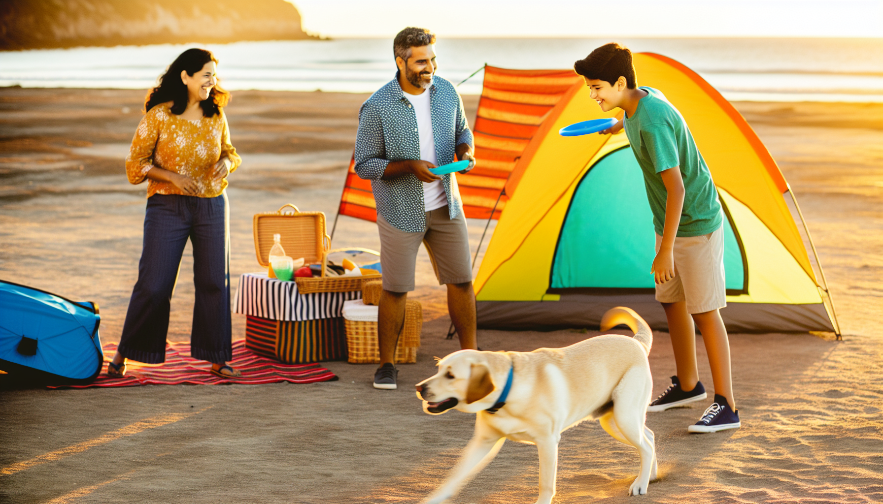 Eine Familie im Urlaub mit ihrem Hund. Der Vater, der mittlerer orientalischer Abstammung ist, ist damit beschäftigt, ein buntes Zelt aufzubauen. Die Mutter, eine südasiatische Frau, bereitet ein Picknick am Meer vor. Ihr Teenagersohn, ein Hispanic, spielt Apportieren mit dem Labrador Retriever der Familie und wirft ihm einen Frisbee zu, den er fangen soll. Die Sonne geht im Hintergrund unter, wirft lange Schatten und taucht alles in ein warmes, goldenes Licht.