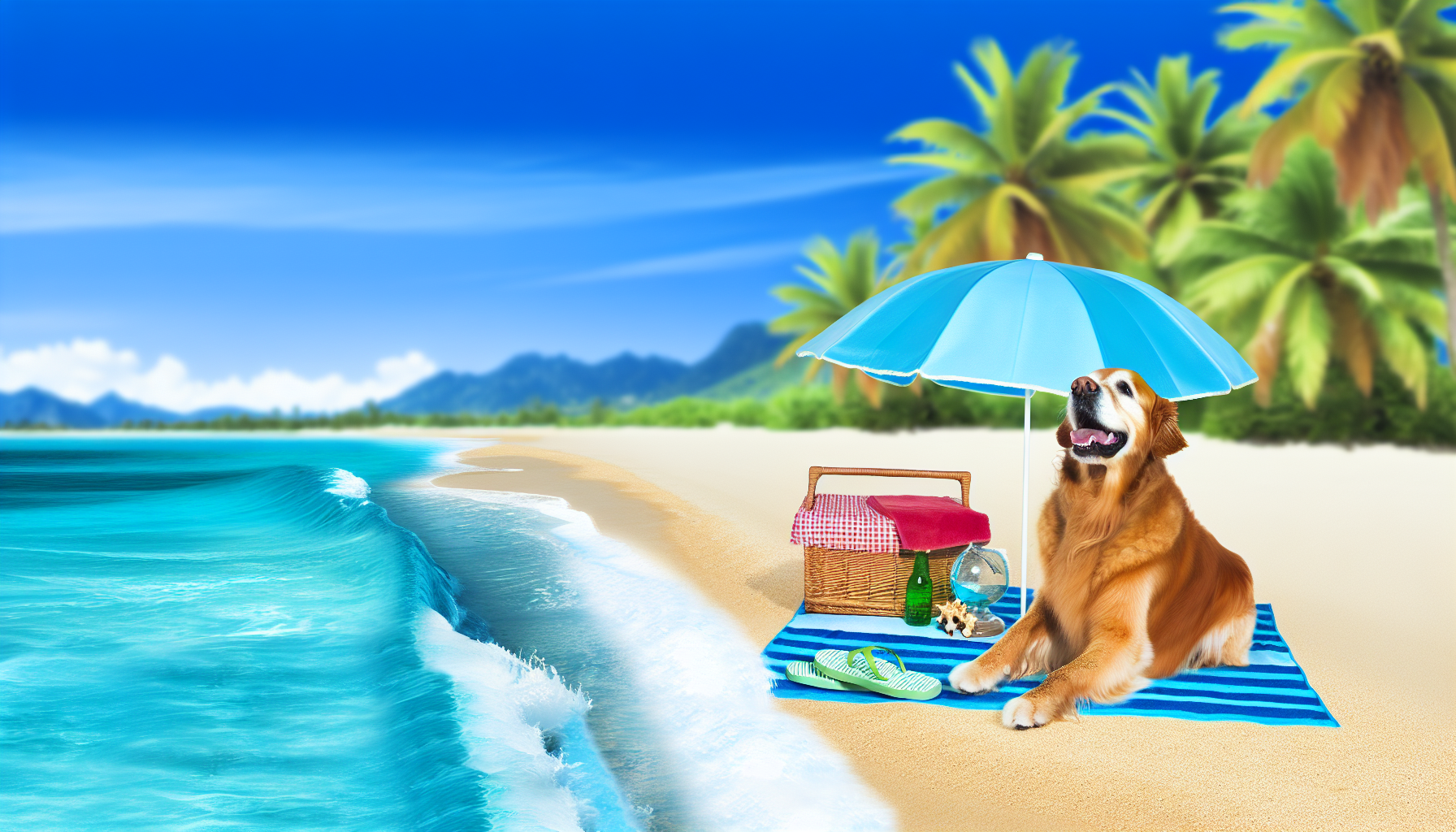 Eine Urlaubsszene mit einem Hund. Der Hund, ein Golden Retriever, genieÃŸt einen sonnigen Tag am Strand. Die azurblauen Wellen schlagen sanft gegen die KÃ¼ste, wo der Hund herumtollt. Im Hintergrund schafft eine wunderschÃ¶ne Landschaft mit Palmen und einem klaren, blauen Himmel eine malerische UrlaubsatmosphÃ¤re. Ein Strandschirm spendet Schatten, und darunter liegen ein Strandtuch, ein Picknickkorb und ein Paar Flip-Flops. Der freudige Ausdruck des Hundes und die tropische Umgebung vermitteln ein perfektes Urlaubsbild.