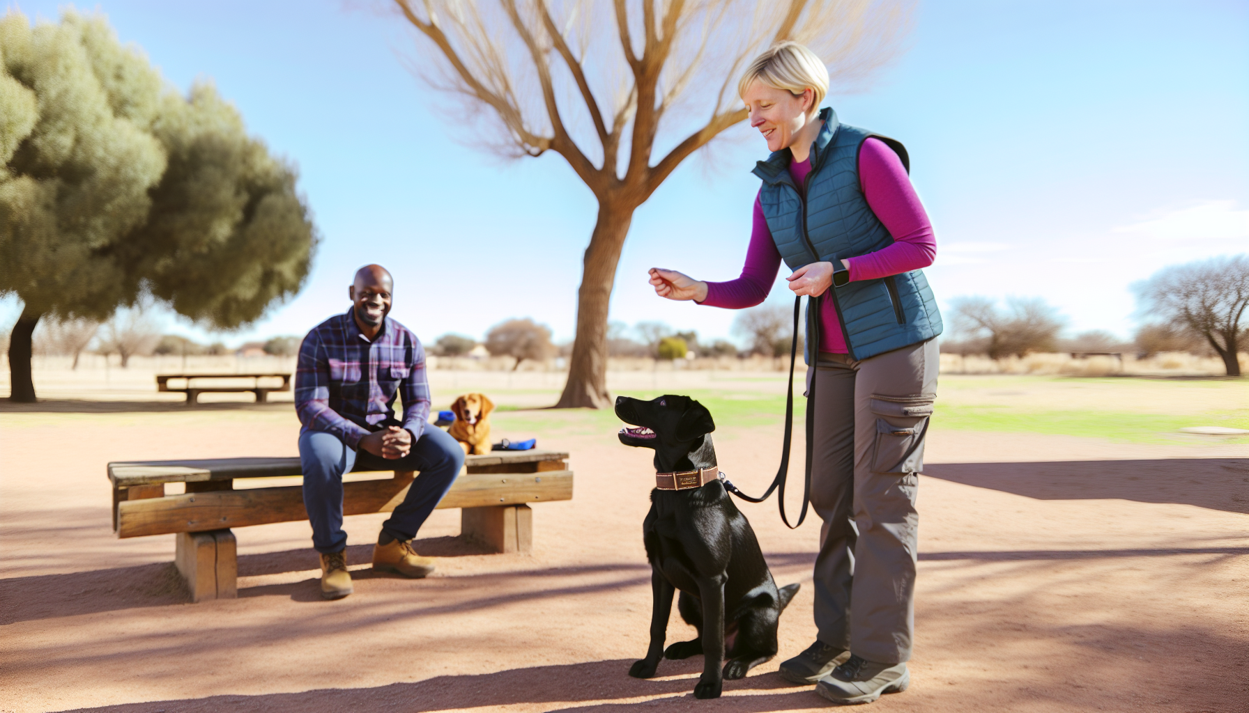 Eine detaillierte Hundetrainingsszene, in der eine kaukasische Frau in ihren 30ern, professionell in Outdoor-Bekleidung gekleidet, einem schwarzen Labrador Retriever beibringt, sich zu setzen. Der Hund ist aufmerksam und engagiert, während die Frau ein Hundeleckerli in der Hand hält. Die Umgebung deutet auf einen öffentlichen Park hin, mit Bäumen, Holzbänken und einem blauen Himmel darüber. Ein afroamerikanischer Mann beobachtet das Training lächelnd, während er auf einer nahegelegenen Bank sitzt, neben ihm wartet geduldig sein eigener Golden Retriever.
