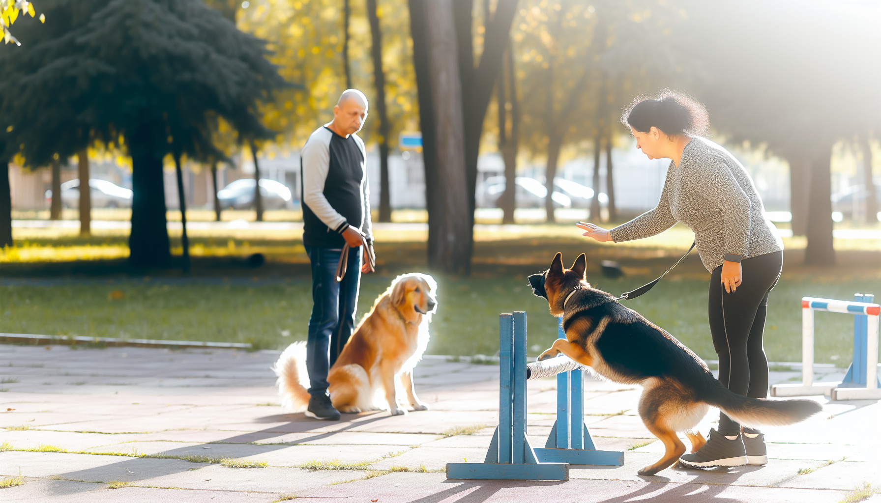Eine Szene, die das Konzept des Hundetrainings veranschaulicht. In dem Bild führt eine hispanische Hundetrainerin sanft einen Deutschen Schäferhund durch einen Hindernisparcours in einem sonnendurchfluteten Park. Der Hund folgt aufmerksam den Handzeichen der Trainerin und springt gerade über ein kleines Hindernis. In der Nähe beobachtet ein kaukasischer Mann sie, während er die Leine eines geduldig wartenden Golden Retrievers hält. Die Atmosphäre ist ruhig und konzentriert und fängt das Vertrauen und die Aufmerksamkeit zwischen den Menschen und ihren Hunden ein.