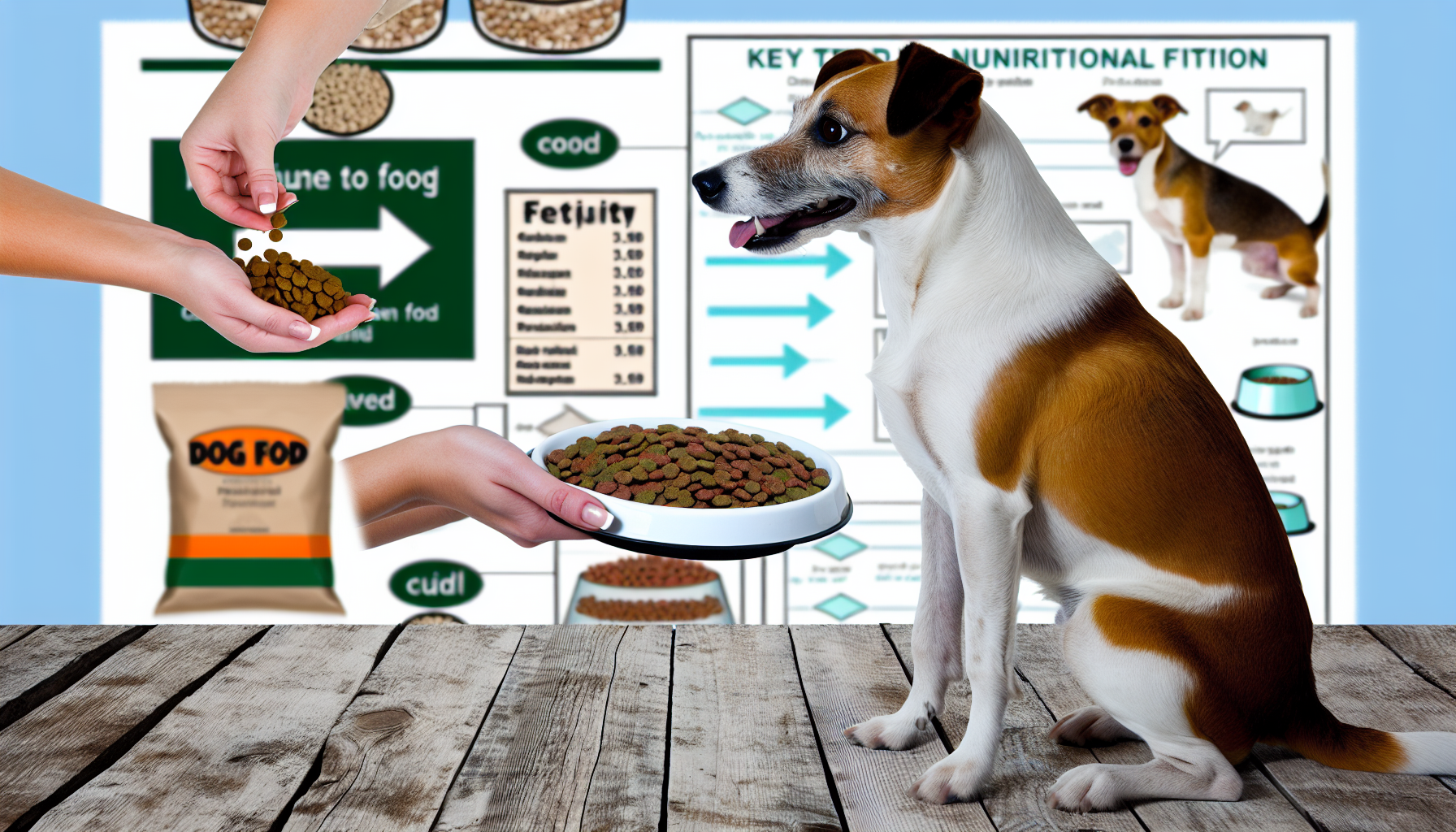 Ein Leitfaden, der zeigt, wie man einen Hund richtig fÃ¼ttert. In der Mitte des Bildes sitzt ein gesunder, erwachsener Hund geduldig, mit wedelndem Schwanz, und wartet auf sein Futter. Eine gut proportionierte SchÃ¼ssel voller nahrhaftem Hundefutter sollte in einem Paar menschlicher HÃ¤nde gehalten werden. Die Quelle des Futters sollte eine Hundefutterverpackung sein, die wichtige NÃ¤hrstoffinformationen zeigt. AuÃŸerdem sollte an der Wand im Hintergrund ein Handbuch oder eine Tabelle angebracht sein, die die richtige Menge und den Zeitpunkt verschiedener Futtersorten fÃ¼r verschiedene Hunderassen detailliert.