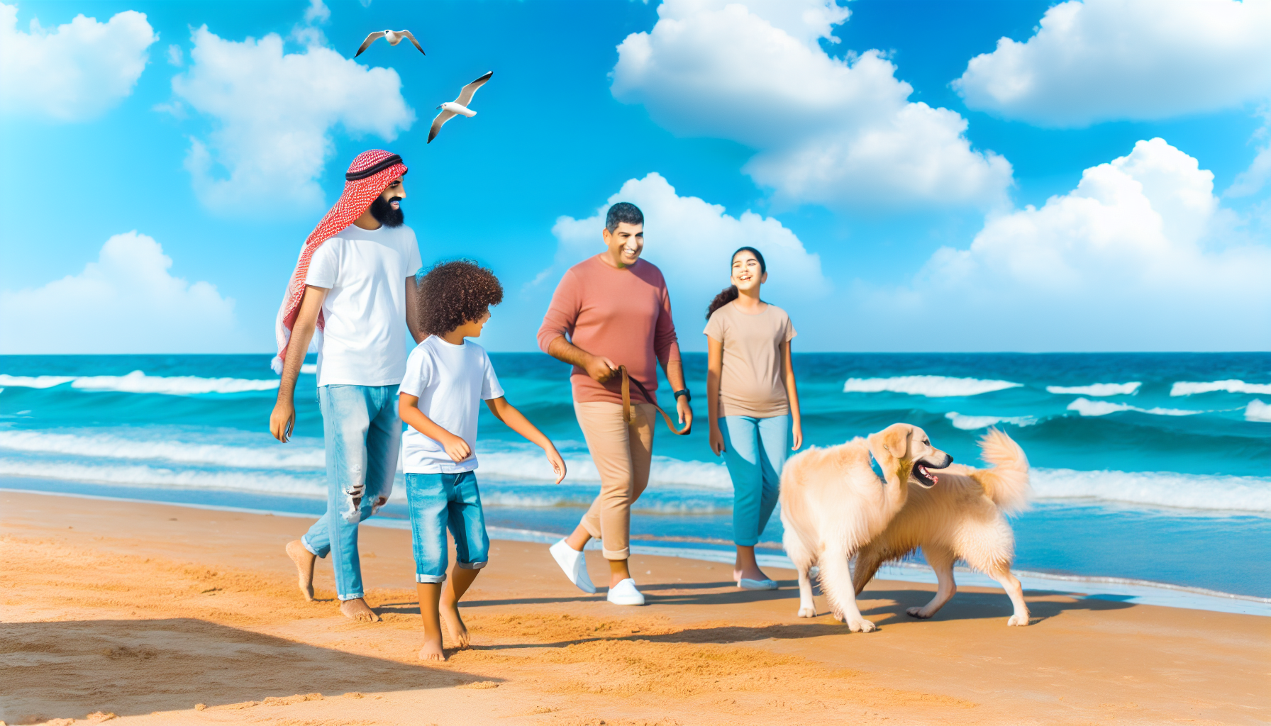 Ein Familienurlaub mit dem Hund. Ein Mann aus dem Nahen Osten und eine Frau aus Südasien spazieren an einem sonnigen Strand entlang. Ihre Kinder, ein hispanischer Junge und ein kaukasisches Mädchen, spielen fröhlich am Ufer und werfen mit ihrem flauschigen Golden Retriever. Der Himmel ist strahlend blau mit fluffigen weißen Wolken, und die azurblauen Wellen des Ozeans schlagen sanft gegen den goldenen Sand. Möwen fliegen am Himmel und tragen zur friedlichen Atmosphäre bei. Das gesamte Szenario zeigt einen ruhigen und fröhlichen Urlaub mit geliebten Haustieren.