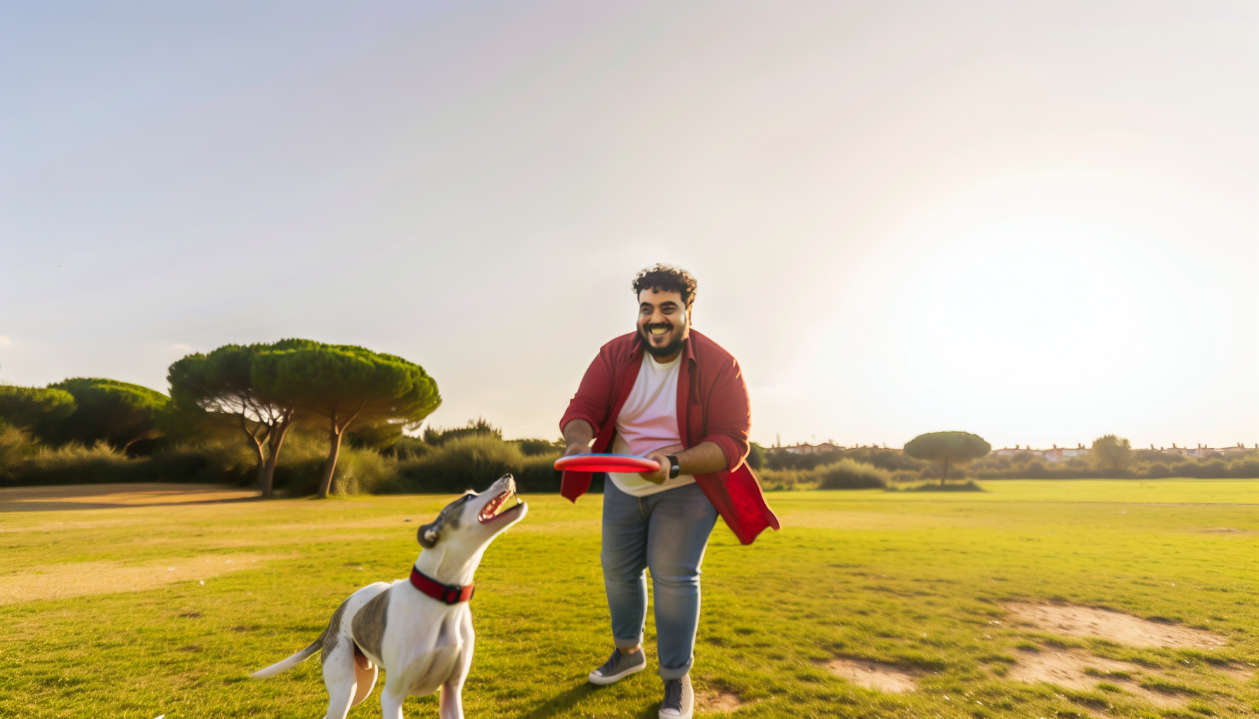 Eine Person mit mittlerer Ã¶stlicher Abstammung genieÃŸt ihren Urlaub mit ihrem Hund. Sie befinden sich auf einem weiten, offenen Grasfeld mit BÃ¤umen im Hintergrund. Sie spielen Apportieren mit dem Hund; ein Frisbee schwebt in der Luft und der Hund ist kurz davor, ihn zu fangen. Der Himmel ist wunderschÃ¶n klar mit einem goldenen Schimmer, was auf den spÃ¤ten Nachmittag hinweist. Die Person trÃ¤gt legere Urlaubsbekleidung und hat ein strahlendes LÃ¤cheln im Gesicht, das GlÃ¼ck und Entspannung ausstrahlt.