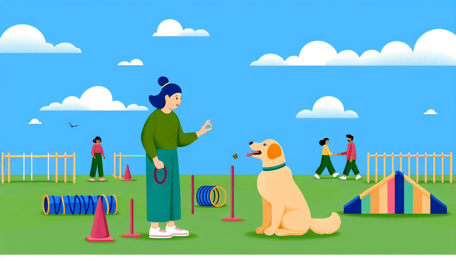 Eine illustrierte Szene des Hundetraining. In der Mitte steht eine asiatische Hundetrainerin, die einen gut erzogenen Golden Retriever anleitet. Beide befinden sich in einem großen, grünen Park. Um sie herum sind einige Trainingsgeräte wie Pylonen, Agility-Tunnel und Sprünge verteilt. Die Trainerin hält ein Leckerli in der Hand, und der Hund schaut aufmerksam auf das nächste Kommando. Im Hintergrund sind Menschen verschiedener Herkunft und Geschlechter zu sehen, die mit ihren Hunden spazieren gehen. Der Himmel hat einen perfekten Blauton, mit flauschigen weißen Wolken, die darüber verstreut sind.