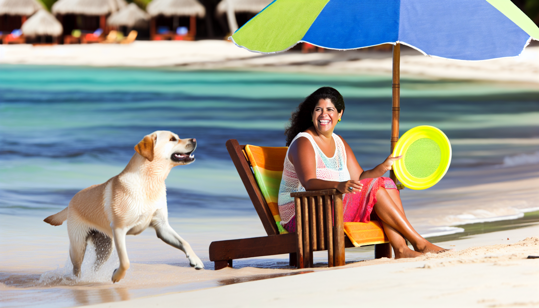 Eine hispanische Frau genießt ihren Urlaub mit ihrem Labrador Retriever an ihrer Seite. Sie sind am Strand, die Frau entspannt sich bequem in einem Strandstuhl unter einem bunten Sonnenschirm. Der Hund spielt fröhlich im Wasser, spritzt herum und holt eine Frisbee. Beide scheinen eine großartige Zeit an diesem sonnigen, tropischen Ort zu haben.