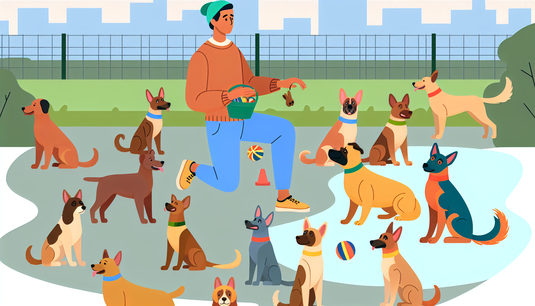 Eine Szene, die die Fähigkeiten im Hundetraining zeigt. Ein männlicher Hundetrainer hispanischer Abstammung arbeitet fleißig mit einer Vielzahl von Hunden in einem Park. Die Hunde zeigen eine Reihe von Größen und Rassen, wobei der Fokus auf ihren Gehorsamsfähigkeiten liegt. Einige sitzen aufmerksam, andere holen Bälle, und einige führen sogar fortgeschrittene Tricks wie das Springen durch Reifen vor. Der Trainer verwendet positive Verstärkung und belohnt gutes Verhalten mit Leckerlis. Insgesamt ist die Szene voller Aktivität und symbolisiert eine gesunde Interaktion zwischen Menschen und Haustieren.