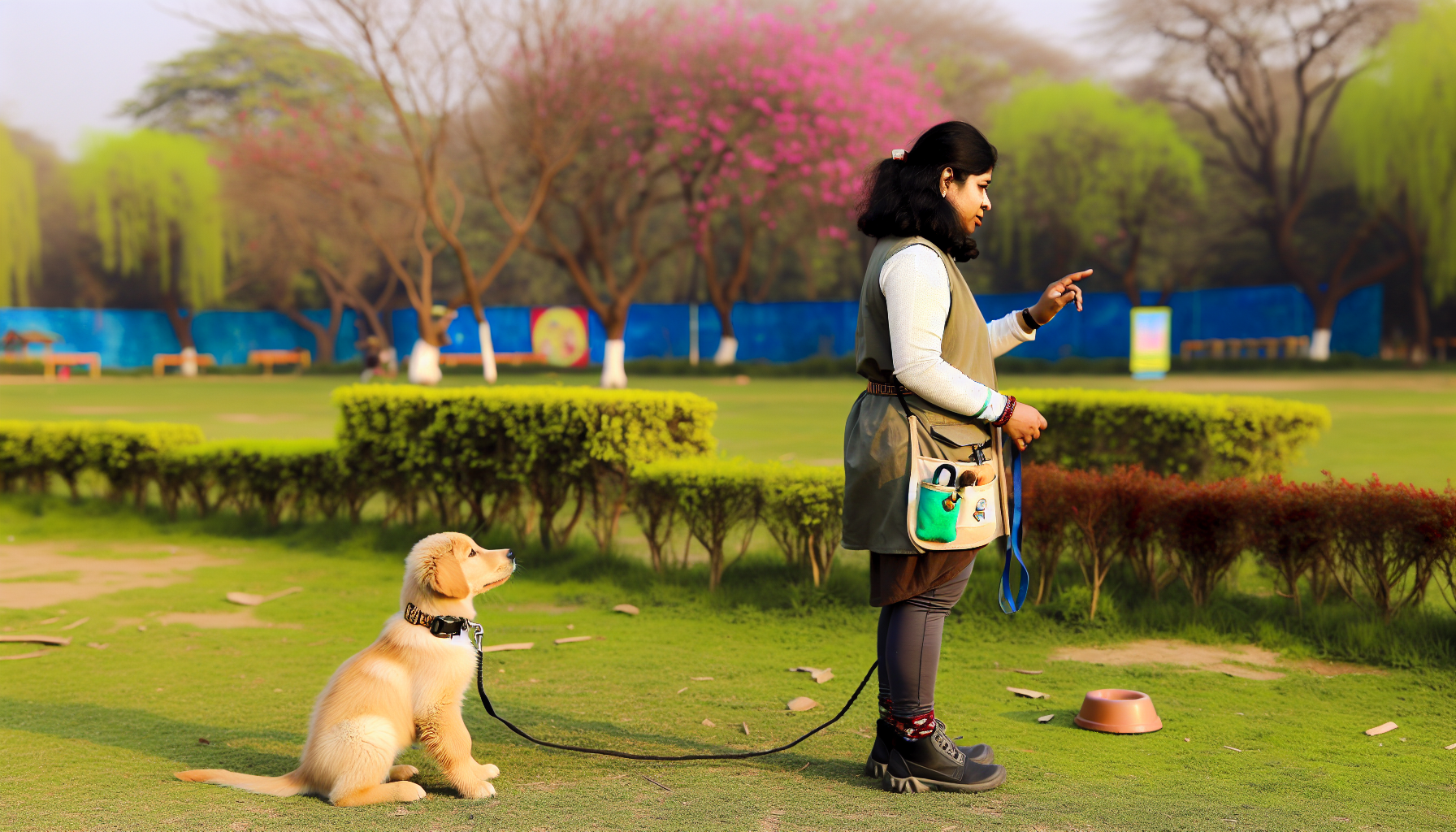 Ein Szenario des Hundetrainings. Eine sÃ¼dasianische Hundetrainerin bringt einem gehorsamen Golden Retriever Welpen Tricks in einem sonnigen Park bei. Der Hund sitzt aufmerksam vor ihr und konzentriert sich auf die Anweisungen. Die Trainerin, die in einem lÃ¤ssigen Outfit gekleidet ist und eine Tasche voller Hundeleckerlis hat, gestikuliert mit ihrer rechten Hand in Richtung des Hundes, wÃ¤hrend sie mit der linken Hand eine Pfeife hÃ¤lt. In der Ferne blÃ¼hen die BÃ¤ume und bieten eine farbenfrohe und frÃ¶hliche Kulisse. Der Park verfÃ¼gt auÃŸerdem Ã¼ber eine gut gepflegte Wiese, und das Wetter ist klar und hell.