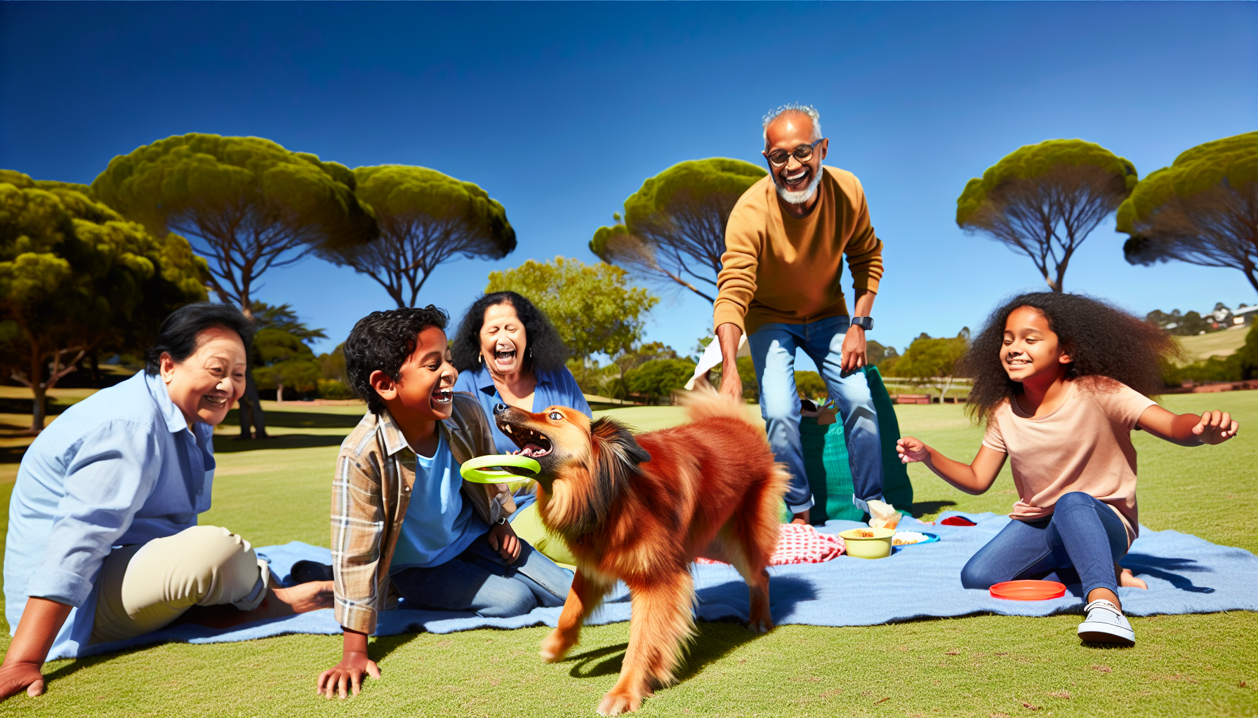 Ein Familienurlaub mit einem Hund. Eine multikulturelle Familie – eine südasiatische Großmutter, ein nahöstlicher Vater, eine kaukasische Mutter und zwei schwarze Kinder – macht ein Picknick in einem üppig grünen Park unter klarem blauen Himmel. Sie lachen alle, teilen Essen und spielen Spiele. Ihr Haustier, ein mittelgroßer, flauschiger Hund mit einem rötlich-braunen Fell, nimmt fröhlich an dem Spaß teil. Der energiegeladene Hund ist gerade dabei, einen gelben Frisbee zu holen, den eines der Kinder geworfen hat, schaut aber auch immer wieder zu seiner Familie zurück, offensichtlich hin- und hergerissen zwischen seiner Liebe zum Spiel und seiner Zuneigung zu seiner menschlichen Familie.