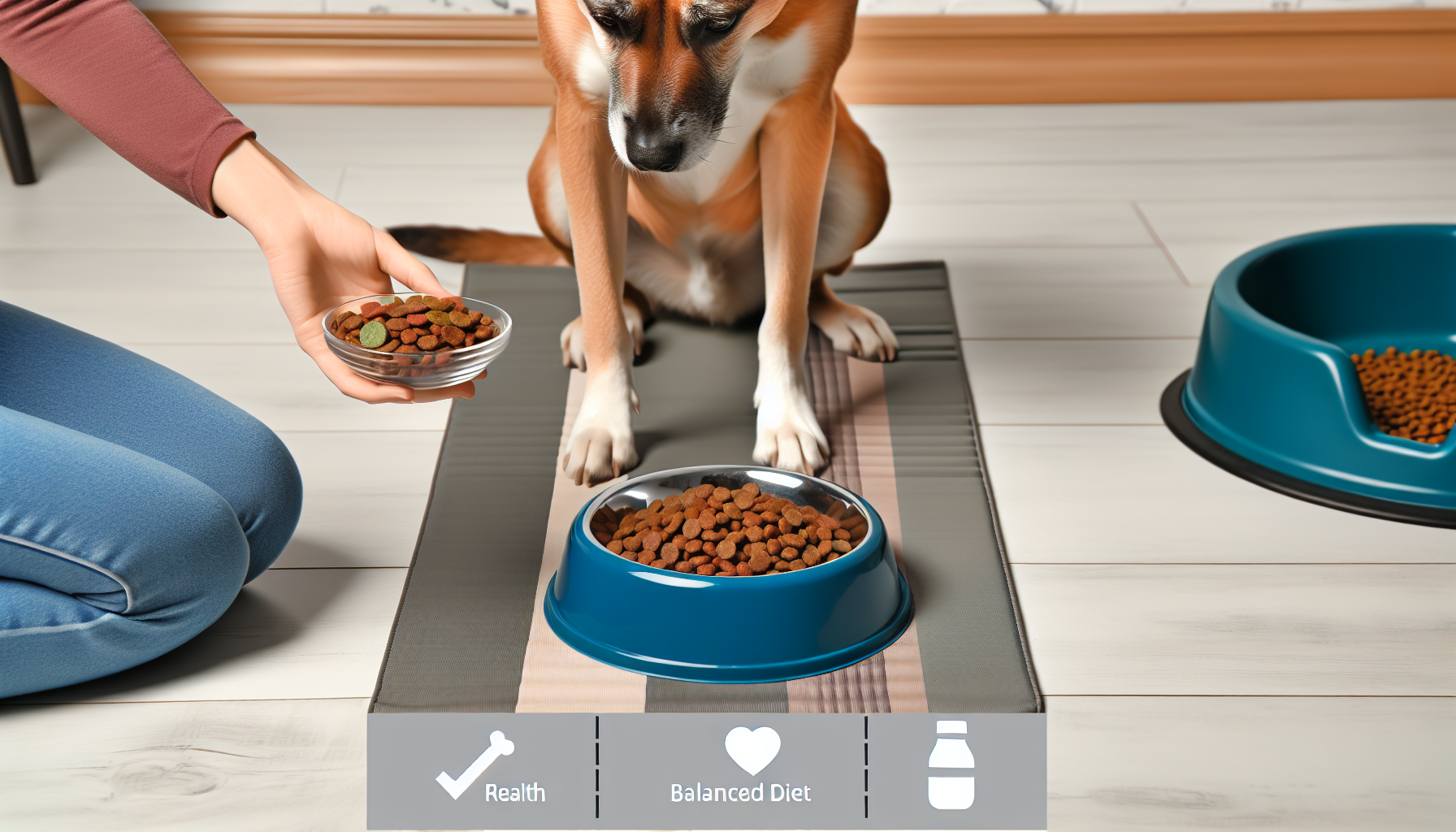 Ein Bild, das eine verantwortungsvolle Fütterungsszene für Hunde darstellt. Jemand gibt dem Hund eine gesunde Portion Hundefutter in eine saubere Schüssel, die auf einer Matte platziert ist, um den Fütterungsbereich ordentlich zu halten. Der Hund sitzt geduldig und wartet auf das Kommando, mit dem Fressen zu beginnen. Hinweise auf eine ausgewogene Ernährung und angemessene Hydration sind offensichtlich, wie frisches Wasser in einer Schüssel und eine Vielzahl von hundefreundlichen Früchten und Gemüse im Hintergrund.