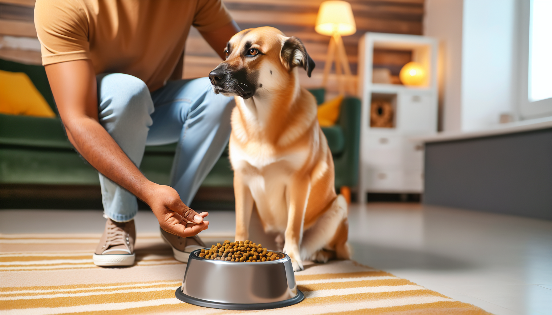 Ein gut genÃ¤hrter Hund, der richtig gefÃ¼ttert wird. Der Hund, eine mittelgroÃŸe Rasse mit glÃ¤nzendem Fell, sitzt geduldig und wartet auf seine Mahlzeit. Vor ihm steht eine robuste SchÃ¼ssel, gefÃ¼llt mit einer ausgewogenen Mischung aus Hundefutter. Neben dem Hund steht eine Person nordafrikanischer Abstammung, die legere Kleidung trÃ¤gt und sich nach vorne beugt, um den Hund zu streicheln und ihm zu signalisieren, dass es Zeit zum Essen ist. Der Hintergrund besteht aus einer gemÃ¼tlichen WohnatmosphÃ¤re mit sanfter gelber Beleuchtung, die der Szene ein warmes und einladendes GefÃ¼hl verleiht.