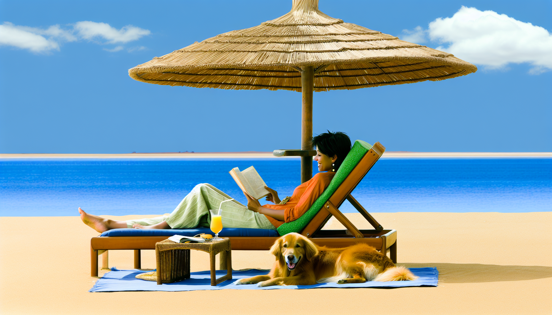 Eine entspannende Urlaubsatmosphäre mit einem Menschen und seinem vierbeinigen Begleiter. Die Person, eine südasiatische Frau, liegt gemütlich auf einer Sonnenliege, liest ein Buch und hat ein Glas tropischen Saft neben sich. In der Nähe spendet ein geräumiger Strohdachschirm Schatten vor der heißen Sonne. Ihr treuer Golden Retriever liegt entspannt neben ihr, sein Kopf auf den Vorderpfoten, und wirkt ruhig und zufrieden, während seine Ohren gelegentlich aufmerksam auf die entfernten Geräusche reagieren. Der Sandstrand erstreckt sich bis zum Horizont und trifft auf das azurblaue Meer und den klaren blauen Himmel.