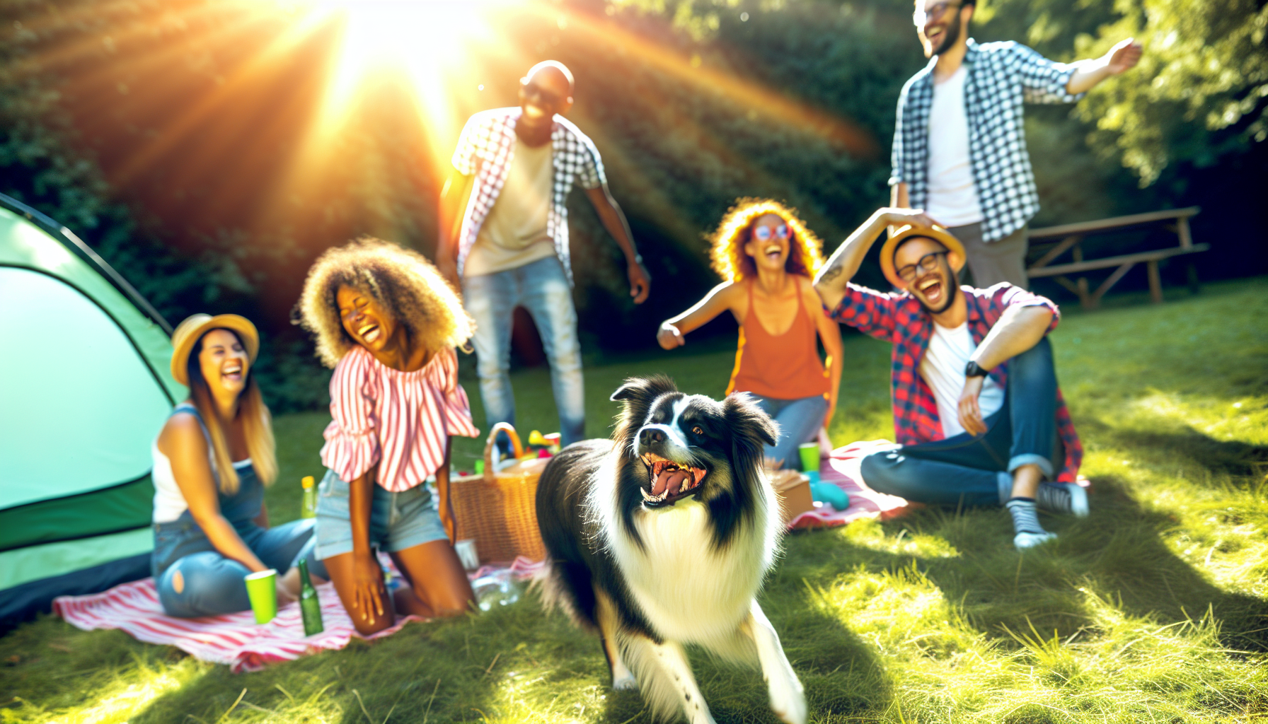 Eine fröhliche Szene eines Urlaubs mit einem Hund. Der Hund, ein typischer Border Collie mit flauschigem schwarz-weißem Fell, tollt glücklich im Gras eines sonnigen Parks umher. Eine unidentifizierte und vielfältige Gruppe von Menschen, vielleicht die Besitzer, lacht und genießt diesen Moment mit dem Hund. Sie sind dabei, verschiedene Aktivitäten zu unternehmen, wie zum Beispiel mit dem Hund zu spielen, eine Picknickdecke auszubreiten und Essen vorzubereiten. Die Atmosphäre ist entspannt und lebhaft, das Lachen erfüllt die Luft, und das strahlende Sonnenlicht erhellt die gesamte Szene.