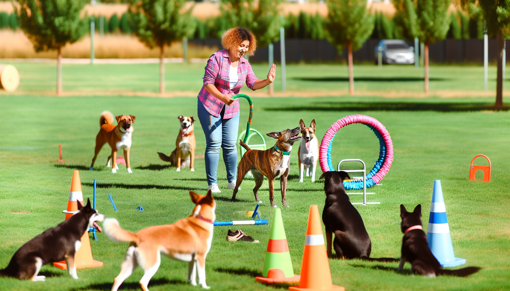 Eine umfassende Szene, die das Training verschiedener Hunderassen zeigt. Die Trainerin, eine sachkundige hispanische Frau, gibt enthusiastisch Kommandos, denen die Hunde eifrig folgen. Verschiedene Trainingshilfen wie Pylonen und Reifen sind im Bereich verteilt. Die Hunde, die eine Vielzahl von Rassen und Größen repräsentieren, führen gehorsam verschiedene Gehorsamkeitsübungen wie 'Sitz', 'Bleib', 'Fuß' und 'Bring' aus. Die Umgebung ist ein offener, grüner Park mit Bäumen im Hintergrund und einem strahlend blauen Himmel darüber.