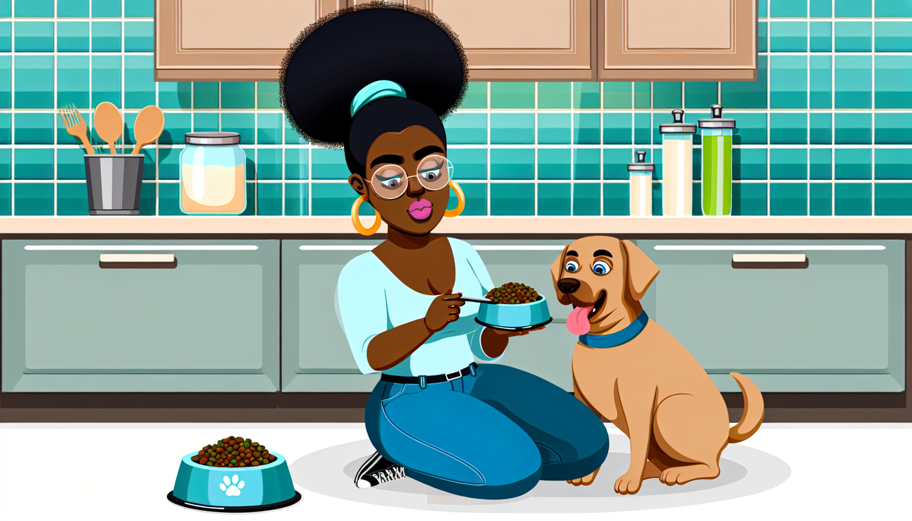 Eine Illustration eines verantwortungsbewussten Haustierbesitzers, der seinem Hund sorgfÃ¤ltig Futter gibt. Die Besitzerin, eine schwarze Frau mit lockigem Haar, das zu einem hohen Pferdeschwanz gebunden ist, hÃ¤lt eine SchÃ¼ssel mit nahrhaftem Hundefutter. Der Hund, ein gesunder Labrador Retriever mit glÃ¤nzendem Fell, schaut aufgeregt auf das Futter. Die Umgebung ist eine gut gepflegte, modische KÃ¼che mit EdelstahlgerÃ¤ten und einem FliesenrÃ¼ckwand. Eine SchÃ¼ssel mit frischem Wasser fÃ¼r den Hund ist ebenfalls sichtbar.