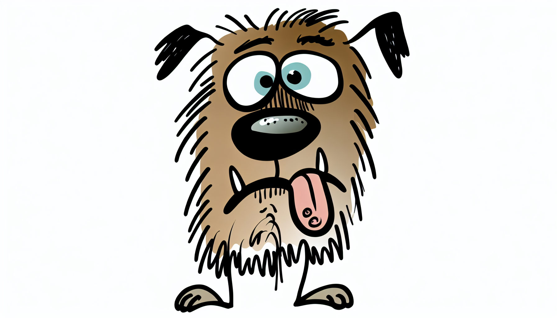 Eine humorvolle Illustration eines cartoonhaften Hundes mit einem albernen Ausdruck, der auf vier Beinen steht und seine Zunge herausstreckt. Das Fell des Hundes ist eine Mischung aus hell- und dunkelbraun, mit weißen Streifen im Bauchbereich. Die Augen des Hundes sind weit geöffnet mit einem verwirrten Blick, und es sind gezeichnete Linien um den Mund herum, die auf faltige Wangen hindeuten.
