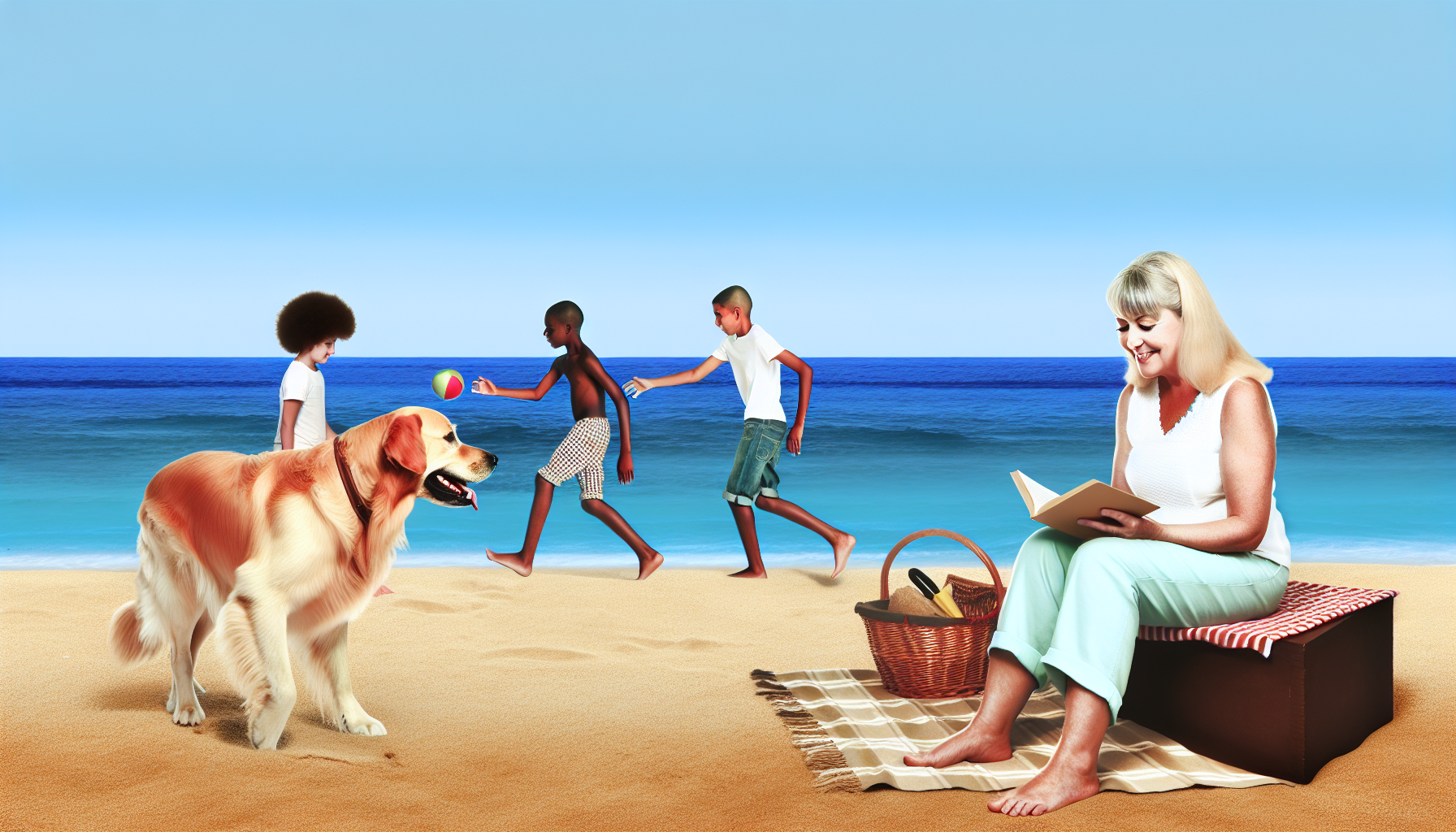 Eine Szene, die einen Urlaub mit einem Hund darstellt. Die Kulisse ist ein ruhiger Strand mit goldenem Sand und einem klaren, azurblauen Meer unter einem sonnigen Himmel. Eine mittelalte kaukasische Frau sitzt auf einer Picknickdecke und genieÃŸt ein gutes Buch. Ein junger hispanischer Mann spielt am Ufer mit einem Golden Retriever. Im Hintergrund baut eine Gruppe von Kindern, die verschiedene Abstammungen haben, darunter schwarz, nahÃ¶stlich und sÃ¼dasiatisch, Sandburgen. Die AtmosphÃ¤re ist leicht, lustig und entspannend und fÃ¤ngt das Wesen eines angenehmen Sommerurlaubs ein.