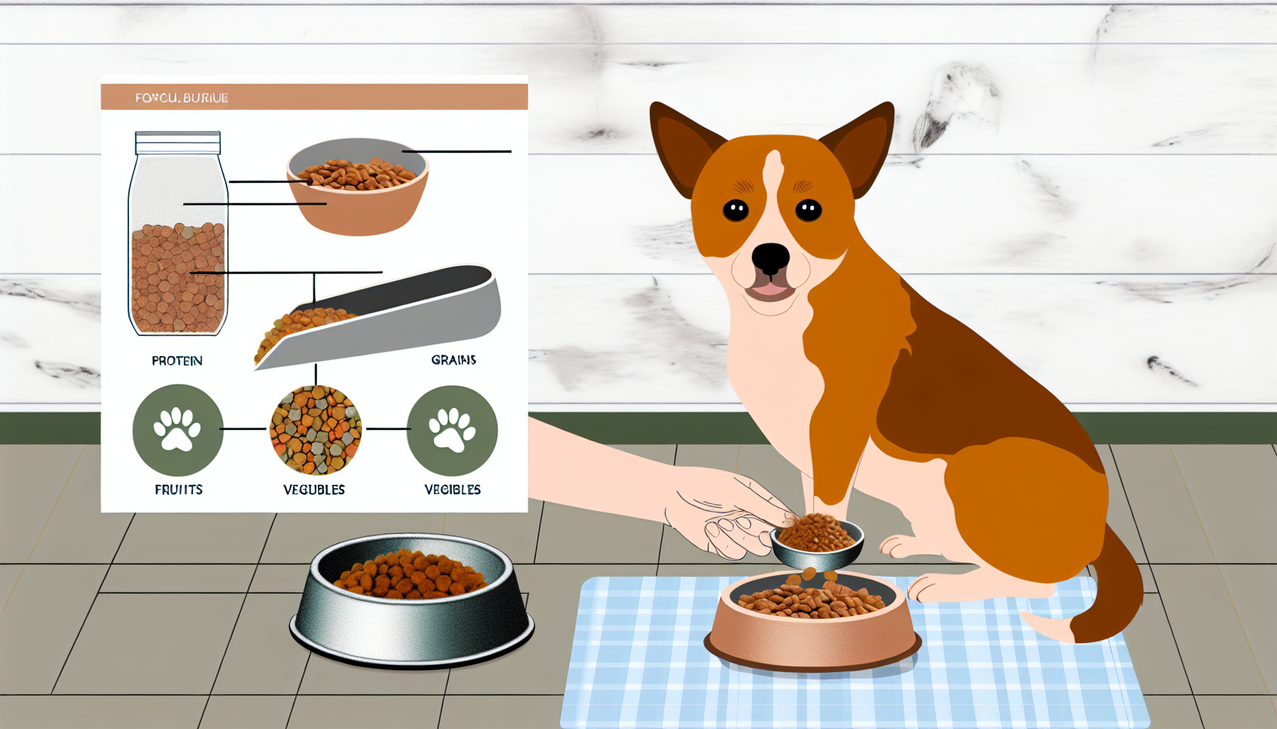 Ein detaillierter visueller Leitfaden, wie man einen Hund richtig füttert. Zeigen Sie einen mittelgroßen Hund mit einem kurzen, braunen Fell, der gehorsam sitzt und auf eine Schüssel mit ausgewogenem Hundefutter schaut. Illustrieren Sie eine menschliche Hand, die die richtige Portionsgröße mit einer Schaufel anzeigt. Eine Wasserschüssel, die in der Nähe steht und mit frischem Wasser gefüllt ist, ist ebenfalls notwendig. Fügen Sie eine Tabelle oder Liste an der Seite hinzu, die die wesentlichen Bestandteile der Ernährung eines Hundes zeigt: Proteine, Getreide, Früchte, Gemüse und Fette. Stellen Sie sicher, dass die Szene in einem gut beleuchteten, sauberen Futterbereich eingerichtet ist.