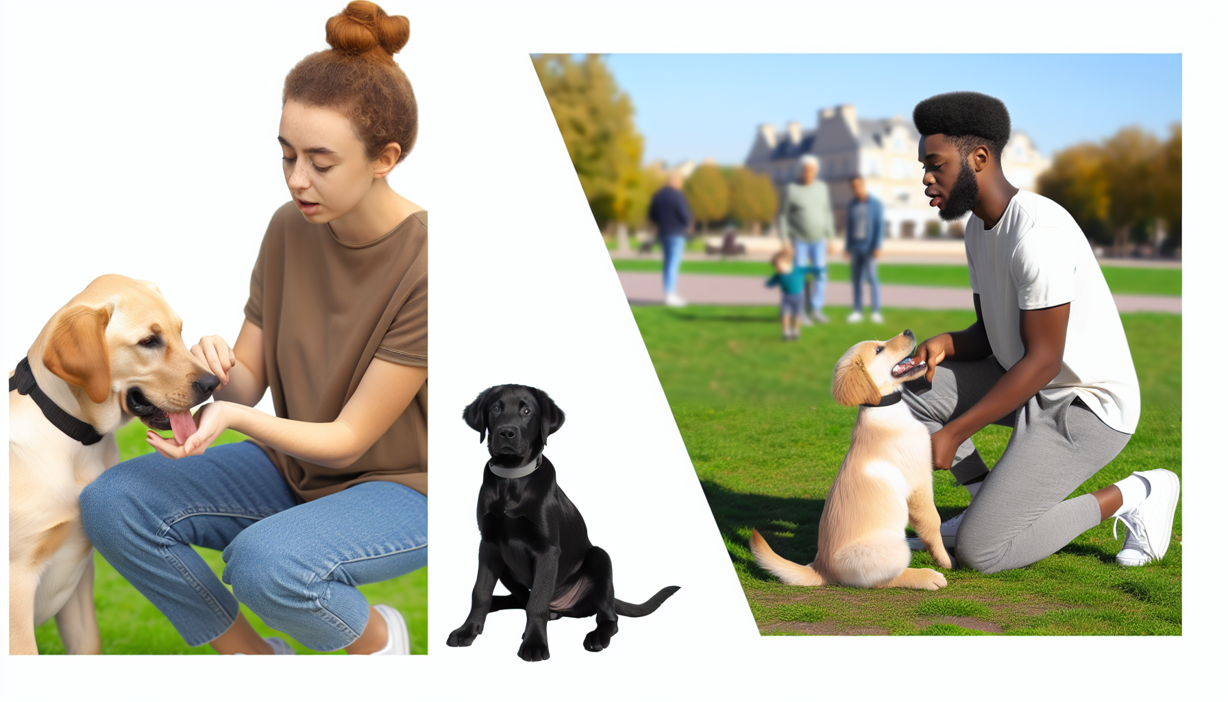Ein Bild, das Hundetraining darstellt. Eine kaukasische Hundetrainerin mit braunem Haar, das zu einem Dutt gebunden ist, bringt einem schwarzen Labrador bei, wie man sitzt. In einem anderen Teil des Bildes lehrt ein schwarzer männlicher Trainer mit kurzen lockigen Haaren einen Golden Retriever Welpen, wie man apportiert. Das Wetter ist klar und sonnig, und der Hintergrund zeigt einen gepflegten Park, in dem Menschen einen schönen Tag genießen.