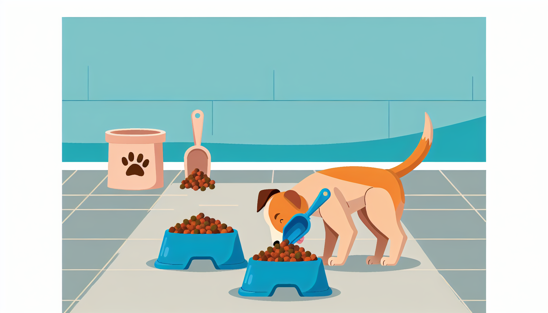 Eine angemessene Art, einen Hund zu fÃ¼ttern: Eine Szene, die einen Hund zeigt, der eine ausgewogene und nahrhafte ErnÃ¤hrung erhÃ¤lt, die fÃ¼r Hunde geeignet ist, in einer sauberen Umgebung. Der Futternapf des Hundes steht auf dem Boden und der Hund frisst aufmerksam. NÃ¼tzliche GegenstÃ¤nde wie eine Schaufel fÃ¼r das Hundefutter und ein Wassernapf neben dem Fressnapf sind ebenfalls sichtbar.