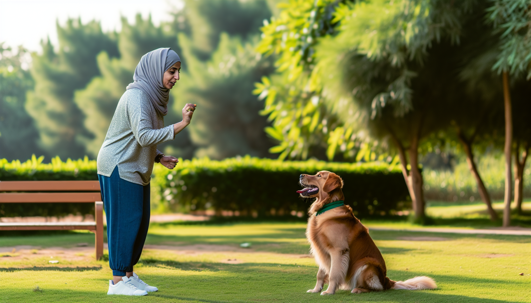 Eine Interaktion zwischen einer mittelÃ¶stlichen Hundebesitzerin, die ein lÃ¤ssiges Outfit mit einem bequemen Paar Sneakers trÃ¤gt, und ihrem Hund, einem groÃŸen Golden Retriever, der ihr einige grundlegende Gehorsamskommandos beibringt, um Disziplin zu fÃ¶rdern. Sie befinden sich an einem Ã¼ppigen, grÃ¼nen Park an einem sonnigen Tag. Die Frau hÃ¤lt ein hundegroÃŸes Leckerli in der Hand und signalisiert dem Hund, sich zu setzen. Der Hund, aufmerksam auf die Kommandos, sitzt gehorsam und wartet gespannt auf das Leckerli.
