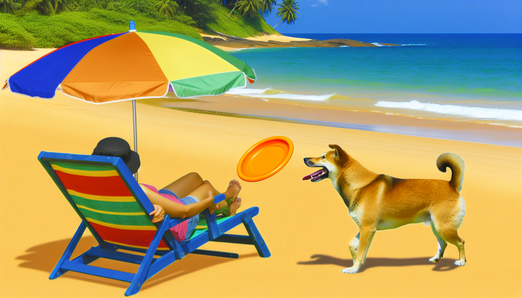 Eine entspannende Urlaubsatmosphäre mit einer Person und ihrem Hund. Die Person asiatischer Abstammung lehnt sich in einem Liegestuhl unter einem bunten Sonnenschirm zurück. Der goldene Sandstrand erstreckt sich vor ihnen, während das blaue Meer sanft die Küste berührt. Ein fröhlicher Hund mit einem Frisbee im Mund spielt in der Nähe, die warme Brise streicht sanft durch sein Fell. Palmen wiegen sich in der Ferne und rahmen dieses idyllische Urlaubsbild ein.