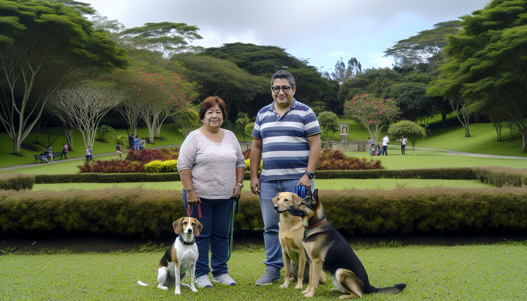 Zwei Personen, eine asiatischer Abstammung und eine hispanischer Abstammung, befinden sich in einem üppig grünen Park unter einem leicht bewölkten Himmel. Beide sind lässig gekleidet und haben zufriedene Lächeln auf ihren Gesichtern. Vor ihnen stehen drei Hunde: ein kleiner Beagle, ein mittelgroßer Golden Retriever und ein großer Deutscher Schäferhund. Die Personen zeigen den Hunden grundlegende Gehorsamskommandos. Die Umgebung des Parks umfasst dicht bewachsene Bäume, blühende Blumenbeete und einen Wasserbrunnen in der Ferne.