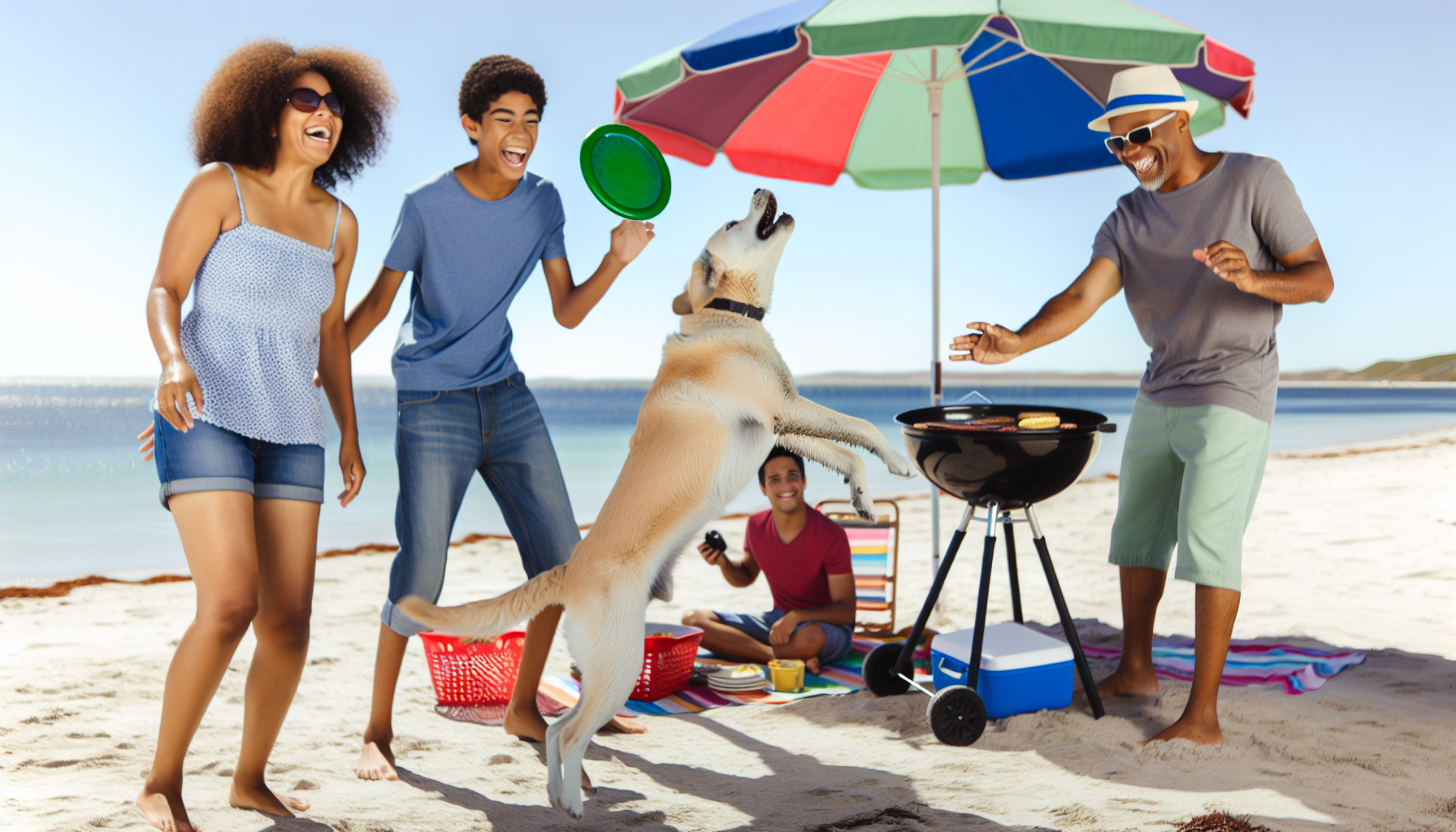 Eine Familie im Urlaub mit ihrem Haustierhund. Die Mutter, eine hispanische Frau in Sommerkleidung und Sonnenbrille, wirft spielerisch einen Frisbee. Ihr Teenagersohn, ein schwarzer Junge mit kurzen lockigen Haaren, versucht, die Szene mit seiner Kamera festzuhalten. Der Vater, ein kaukasischer Mann, grillt in der Nähe unter einem bunten Strandschirm, während der Haustierhund, ein aufgeregter Golden Retriever, in der Luft springt, um den Frisbee zu fangen. Die Kulisse ist ein sonniger Strand mit einem malerischen Blick auf den Ozean.