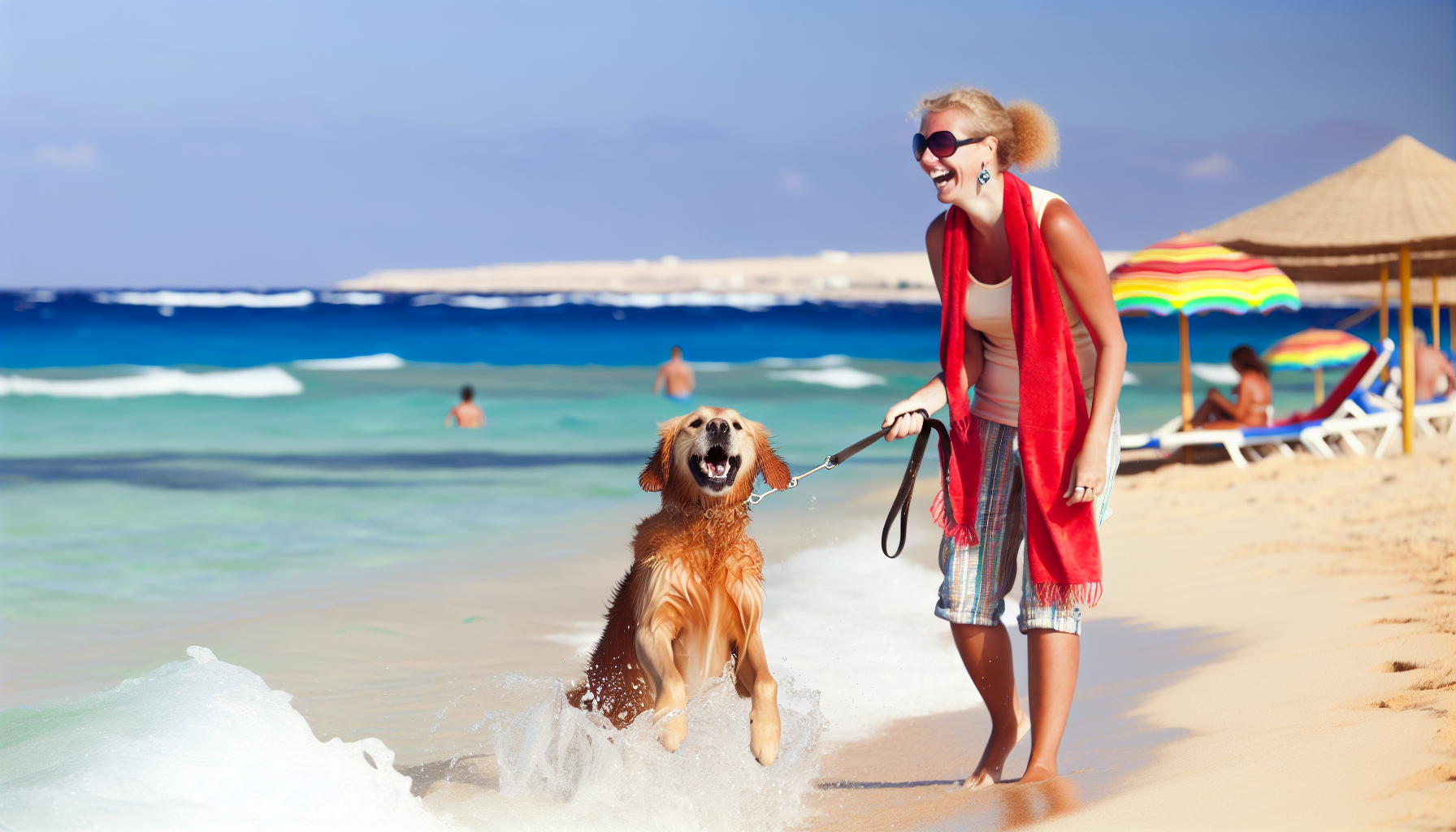 Genießen Sie den Urlaub mit einem Hund. Die Szene spielt sich an einem sonnigen Strand ab, wo eine kaukasische Frau eine Leine hält, die an einem Golden Retriever befestigt ist. Der Hund spritzt aufgeregt in die anrollenden Wellen. Die Frau lacht, mit einer Sonnenbrille auf dem Kopf und einem leuchtend roten Handtuch über der Schulter. In der Ferne sind einige bunte Strandparasols zu sehen, die verschiedenen Urlaubern Schatten spenden. Im Hintergrund erstreckt sich der weite Ozean bis zum Horizont und fängt das Wesen eines perfekten Urlaubs ein.