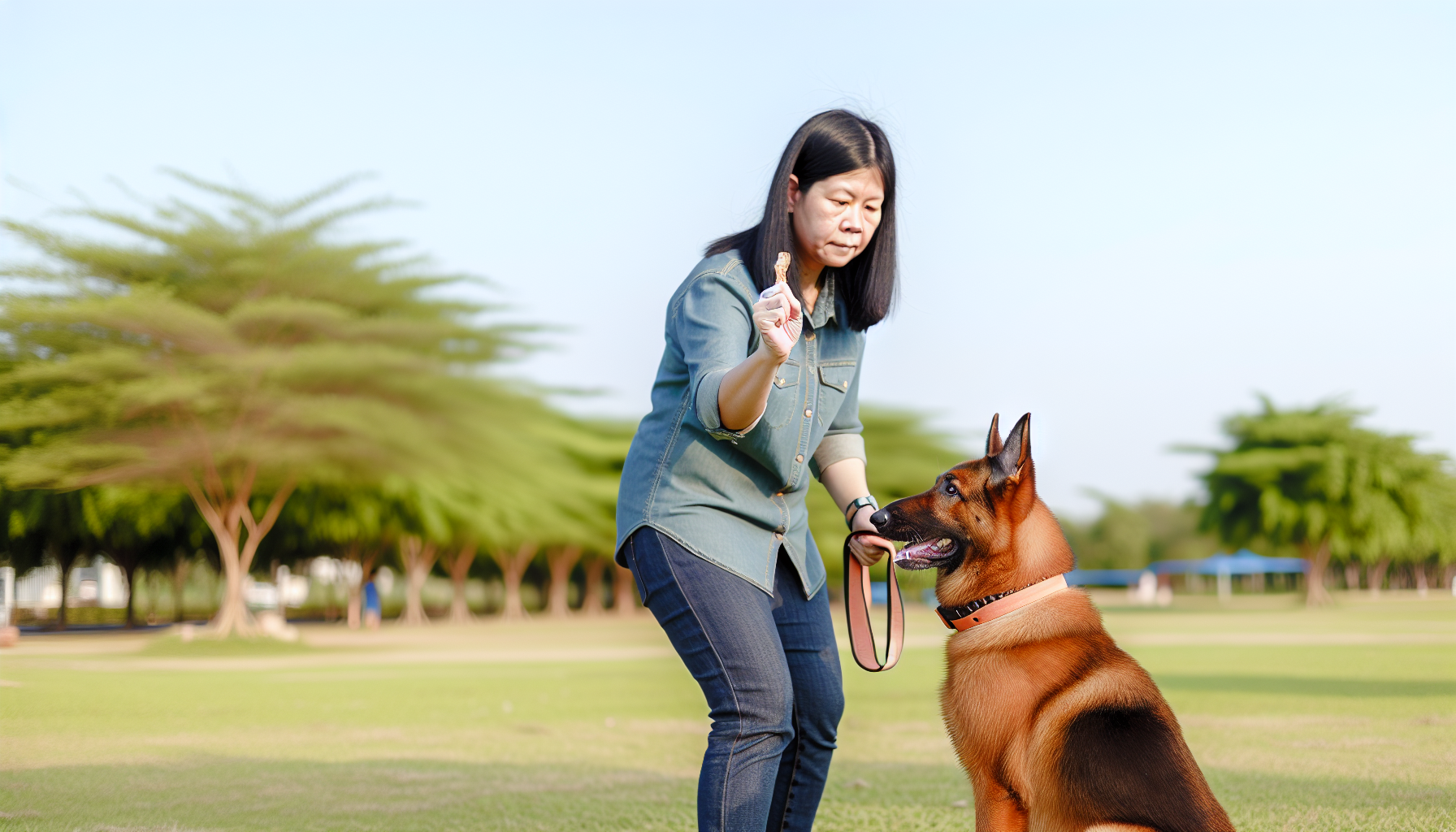 Eine Szene, die eine lehrreiche Situation mit einem Hund zeigt. Eine asiatische Trainerin verwendet positive Verstärkungstechniken, um einen großen braunen Hund, wahrscheinlich einen Deutschen Schäferhund, zu trainieren. Sie befinden sich auf einem offenen Feld mit grünem Gras und einem klaren blauen Himmel. Die Trainerin hat einen Clicker in einer Hand und Leckerlis in der anderen. Der Hund sitzt gehorsam vor ihr, mit aufgerichteten Ohren und klar auf sie fokussierten Augen, was die starke Bindung und das Verständnis zwischen ihnen zeigt.